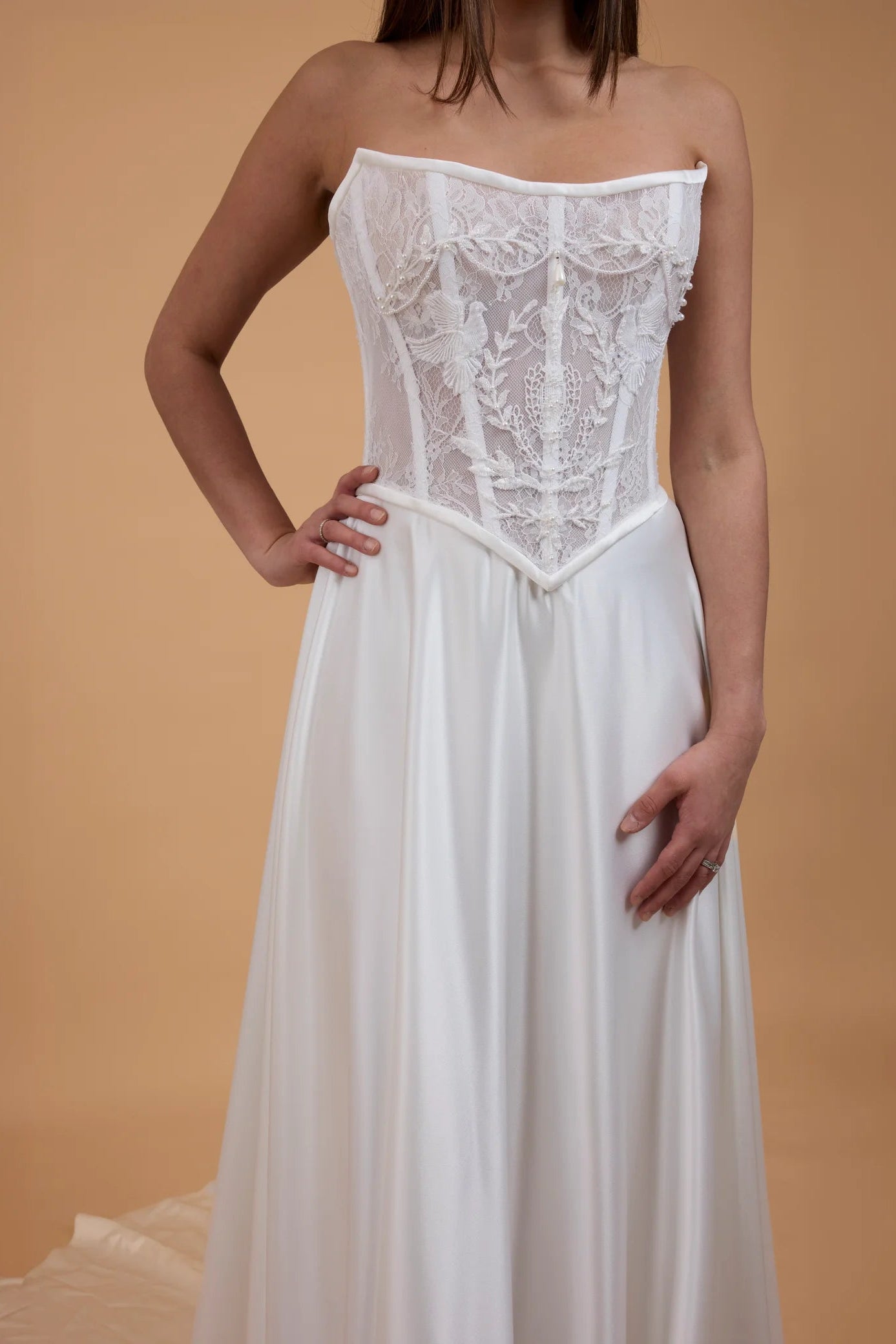 Corston Couture Amy ivory lace, satin, boned bodice, basque waist, a-line wedding gown, pre-loved wedding gown, second-hand wedding gown, sample sample wedding gown