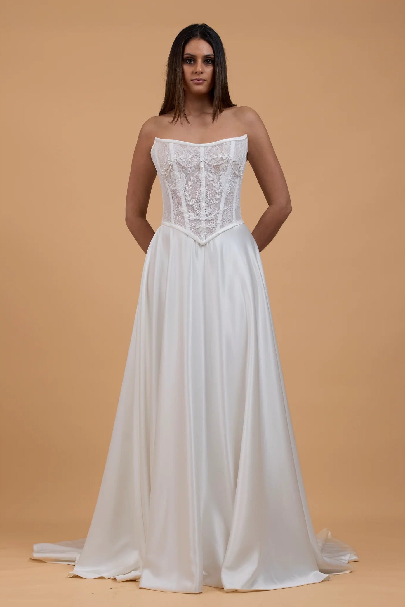 Corston Couture Amy ivory lace, satin, boned bodice, basque waist, a-line wedding gown, pre-loved wedding gown, second-hand wedding gown, sample sample wedding gown