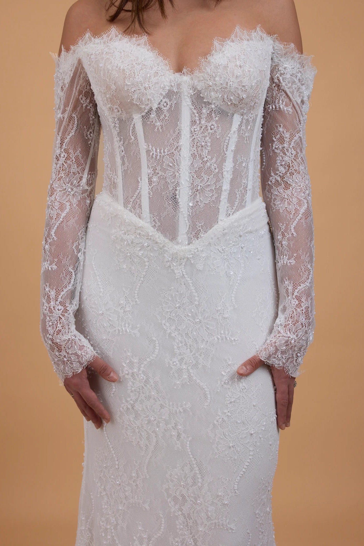 Corston Couture European Affaire lace ivory off the shoulder long sleeve wedding gown, boned corset, pre-loved wedding gown, second-hand wedding gown, sample sale wedding gown