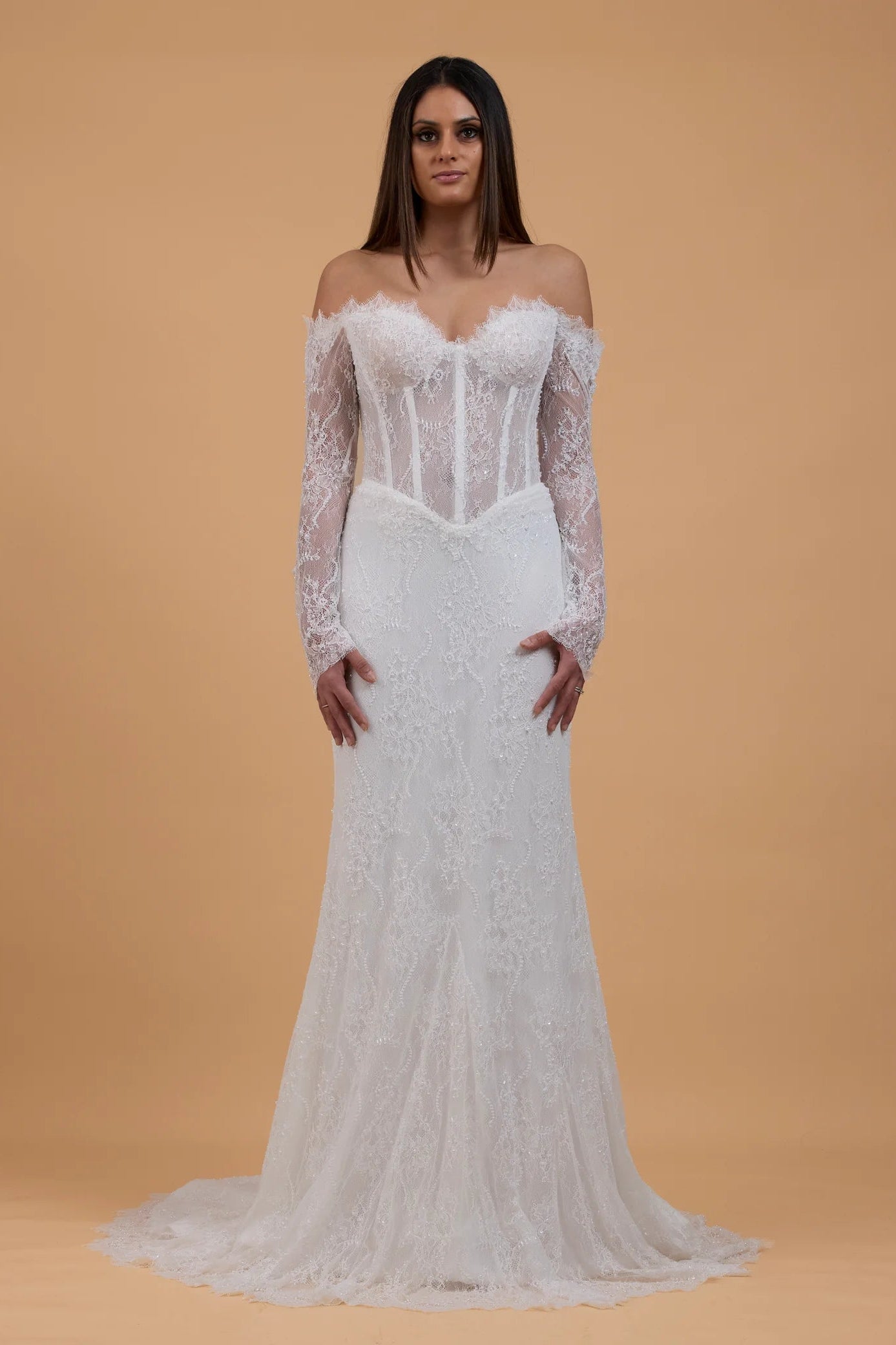 Corston Couture European Affaire lace ivory off the shoulder long sleeve wedding gown, boned corset, pre-loved wedding gown, second-hand wedding gown, sample sale wedding gown