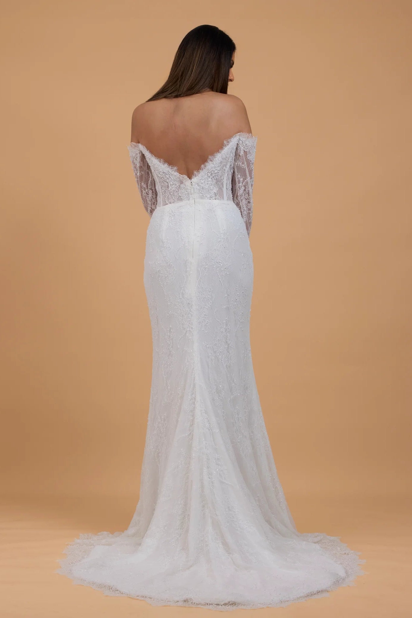 Corston Couture European Affaire lace ivory off the shoulder long sleeve wedding gown, boned corset, pre-loved wedding gown, second-hand wedding gown, sample sale wedding gown
