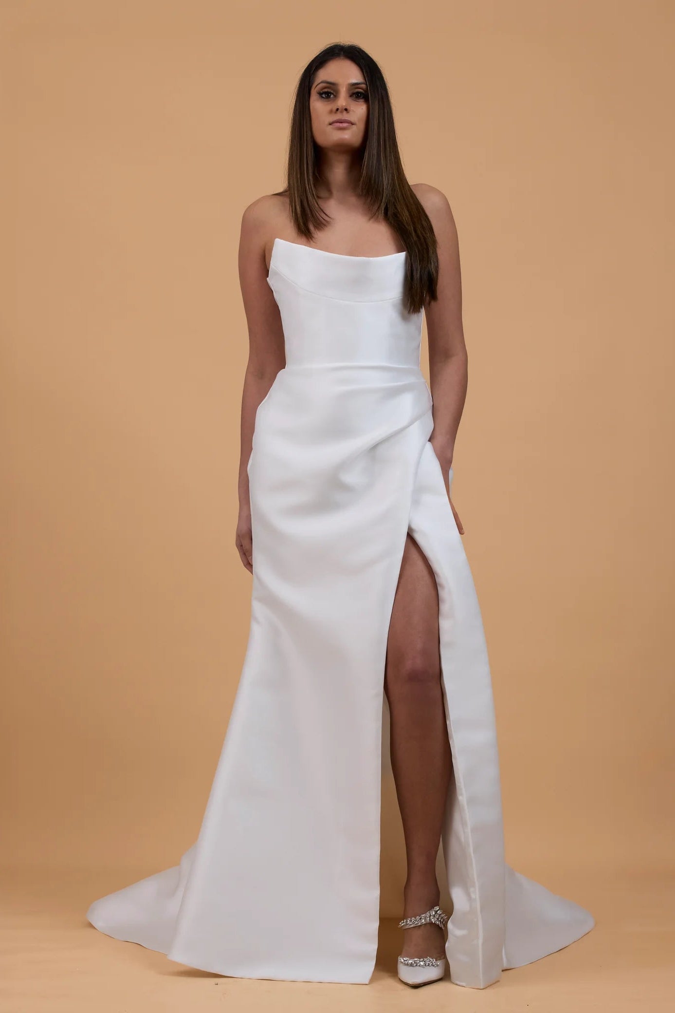 Corston Couture icon  ivory scooped neckline, leg split satin wedding gown, structured corset, pre-loved wedding gown, second-hand wedding gown, sample sale wedding gown