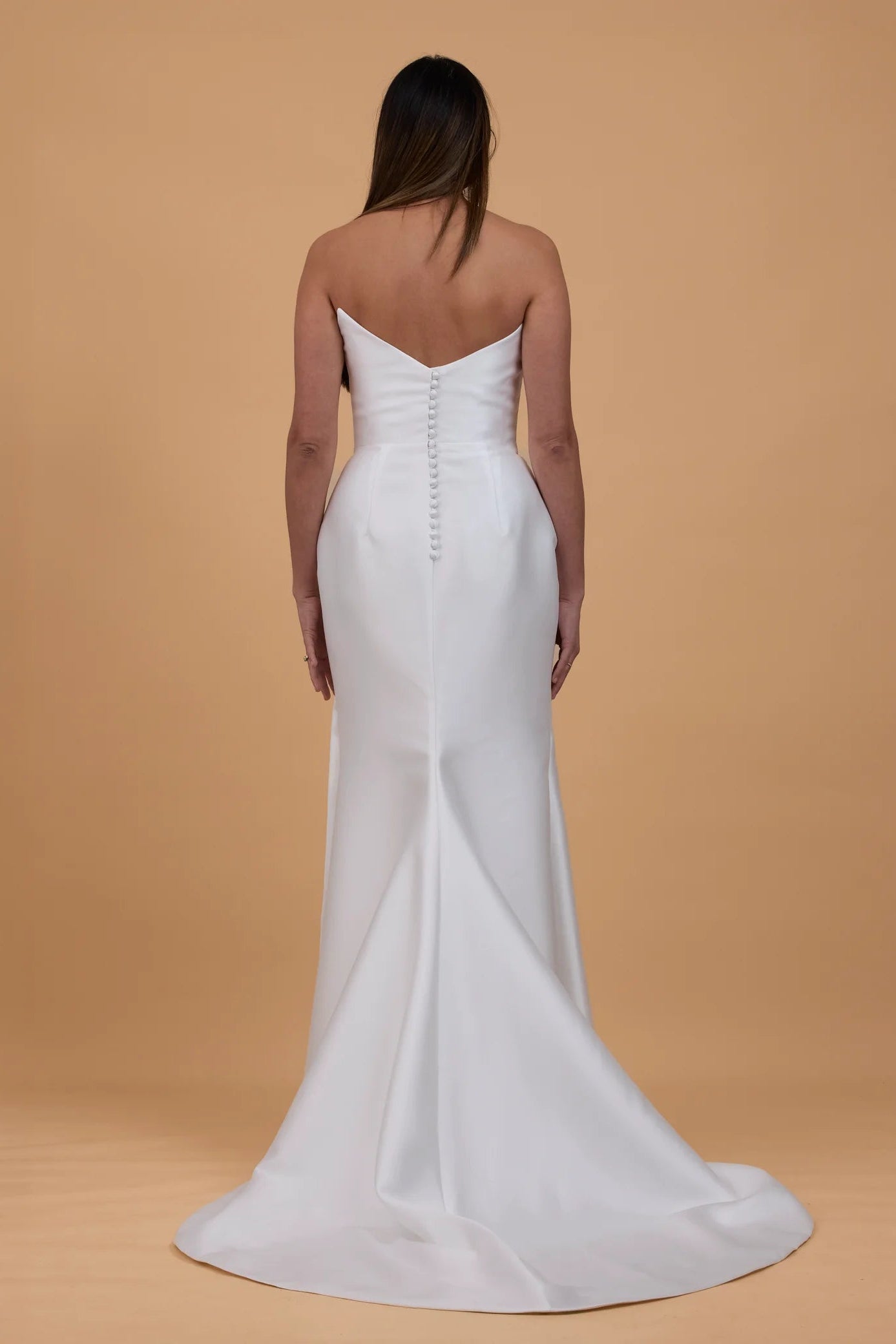 Corston Couture icon  ivory scooped neckline, leg split satin wedding gown, structured corset, pre-loved wedding gown, second-hand wedding gown, sample sale wedding gown