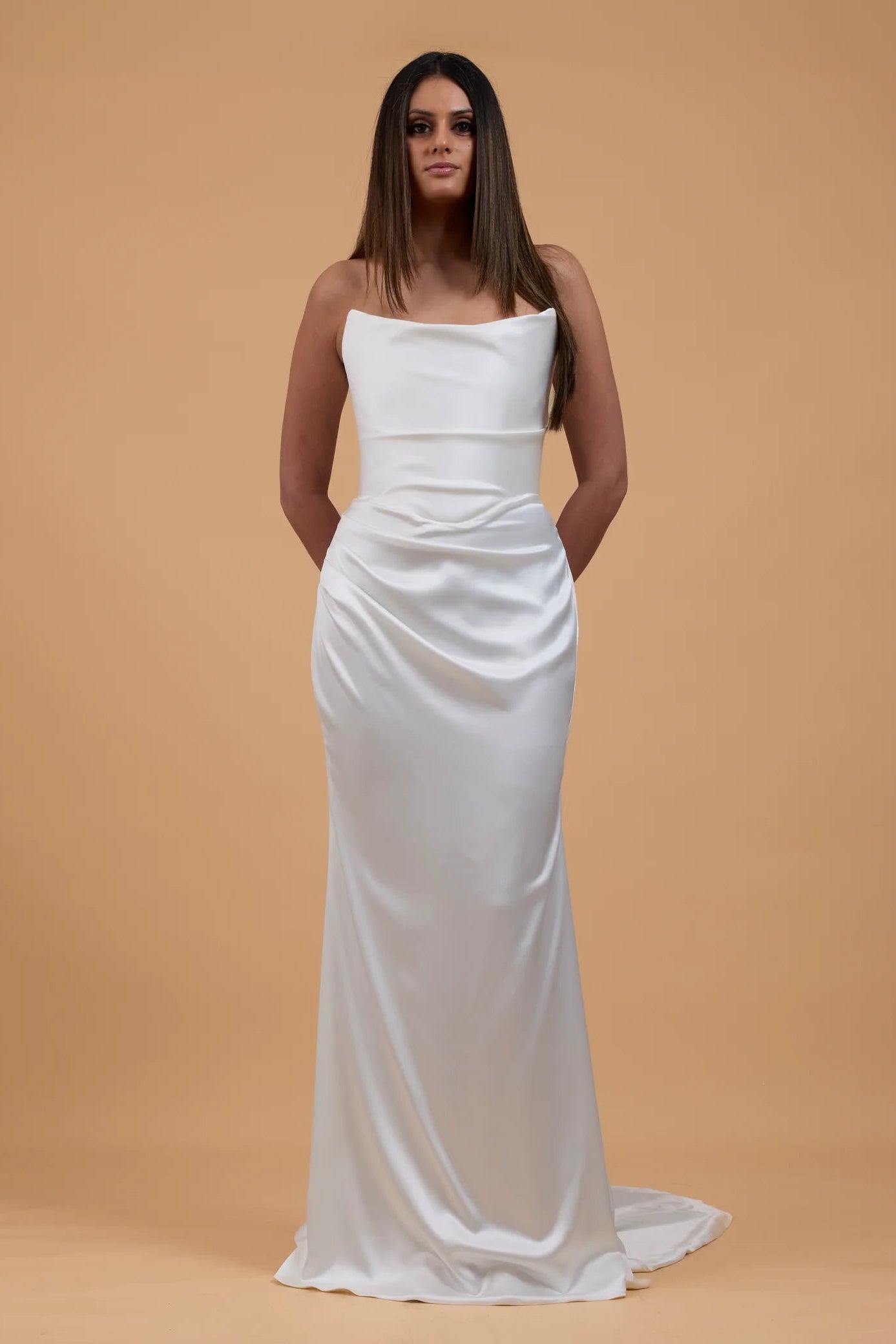 Corston Couture mystical ivory scooped neckline, satin wedding gown, structured corset, pre-loved wedding gown, second-hand wedding gown, sample sale wedding gown