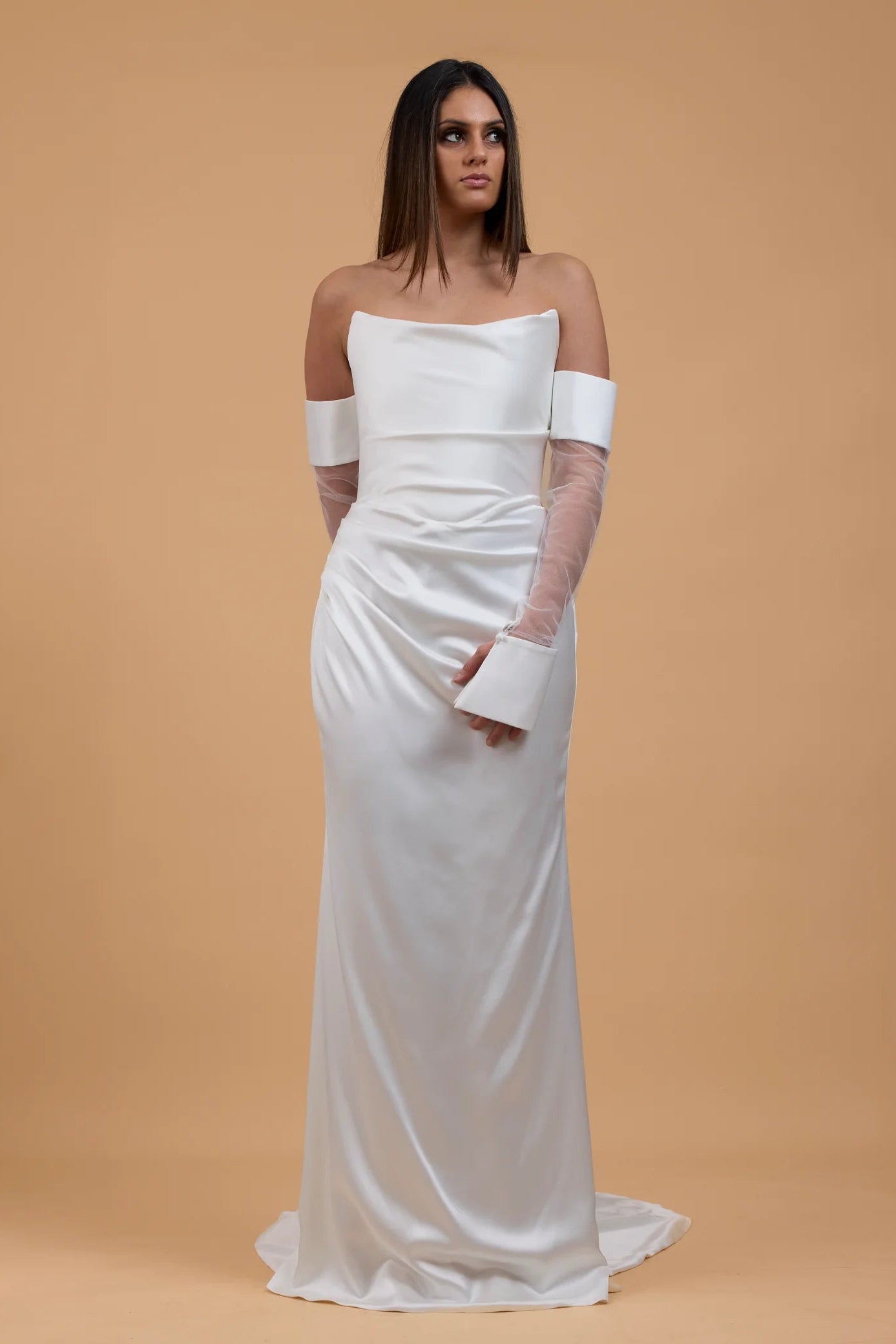 Corston Couture mystical ivory scooped neckline, satin wedding gown, structured corset, detachable sleeves, pre-loved wedding gown, second-hand wedding gown, sample sale wedding gown