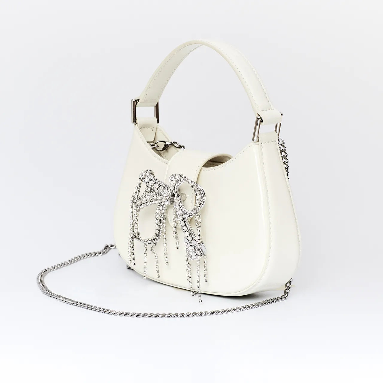 Self Portrait Cream Crescent Bag with Silver Bow Hen Engagement Wedding Bride