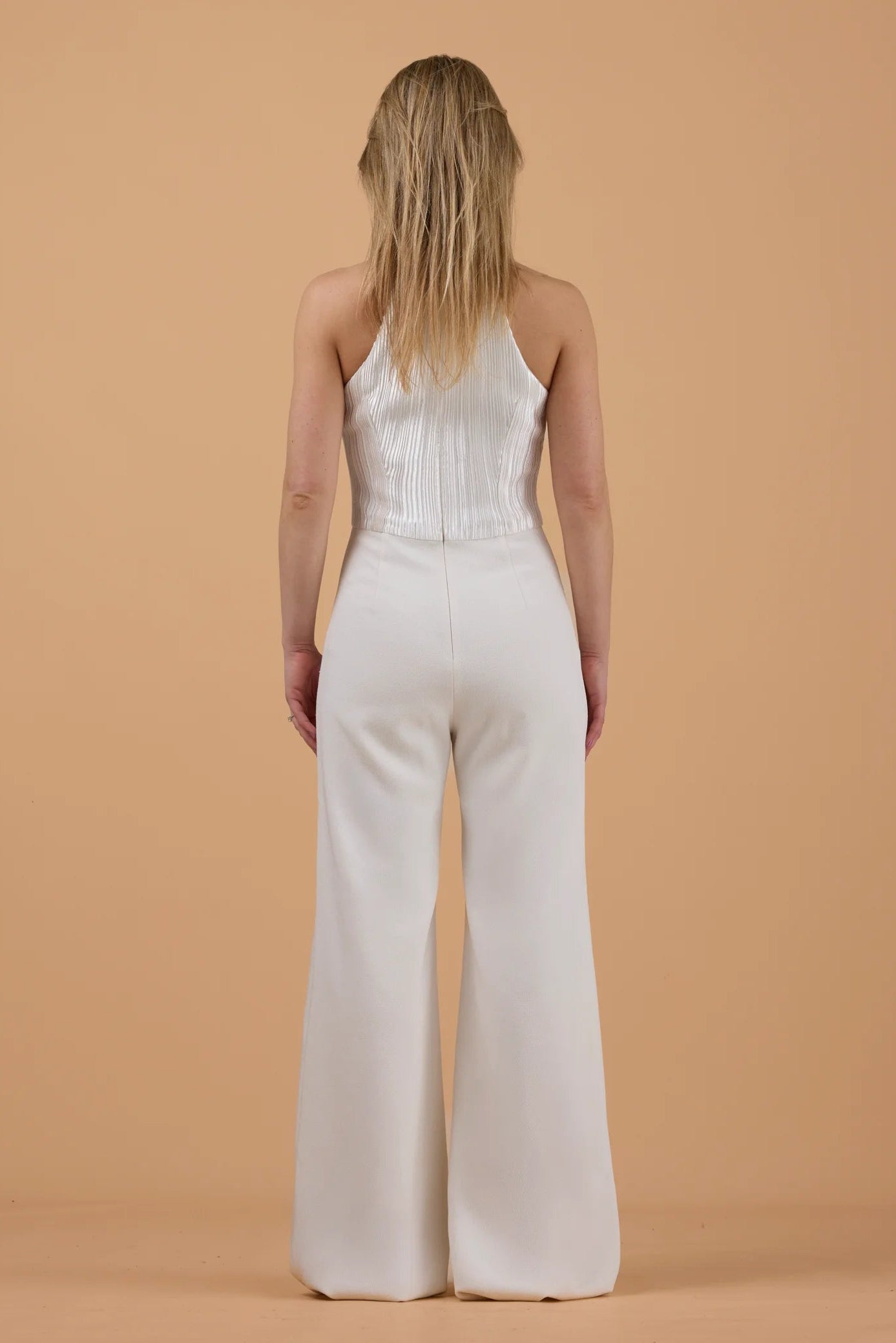 Galvan Panrea ivory halter neck jumpsuit made from crepe and plissé-lame fabric, pre-loved bridal, second-hand bridal, sample sale bridal 