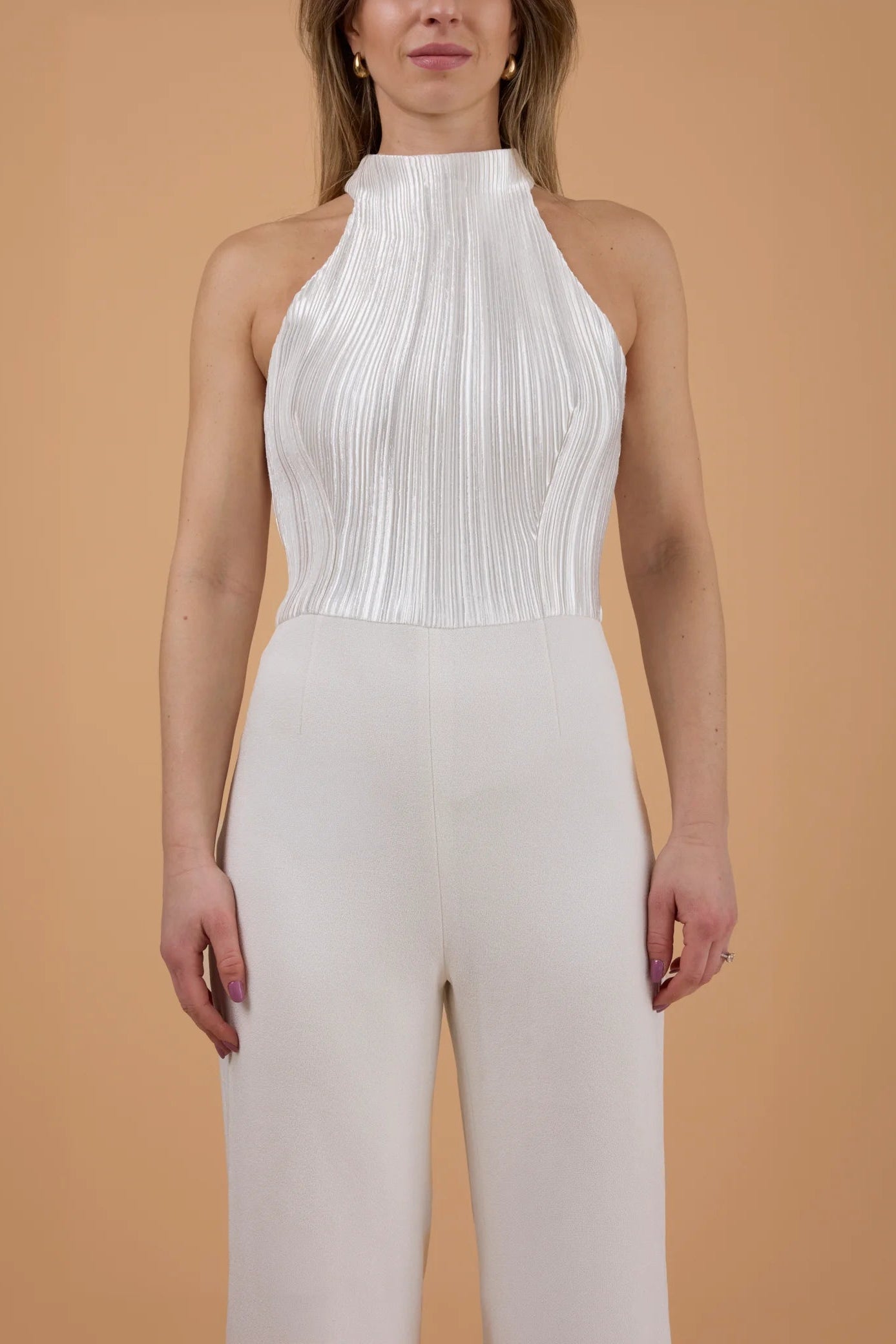 Galvan Panrea ivory halter neck jumpsuit made from crepe and plissé-lame fabric, pre-loved bridal, second-hand bridal, sample sale bridal 