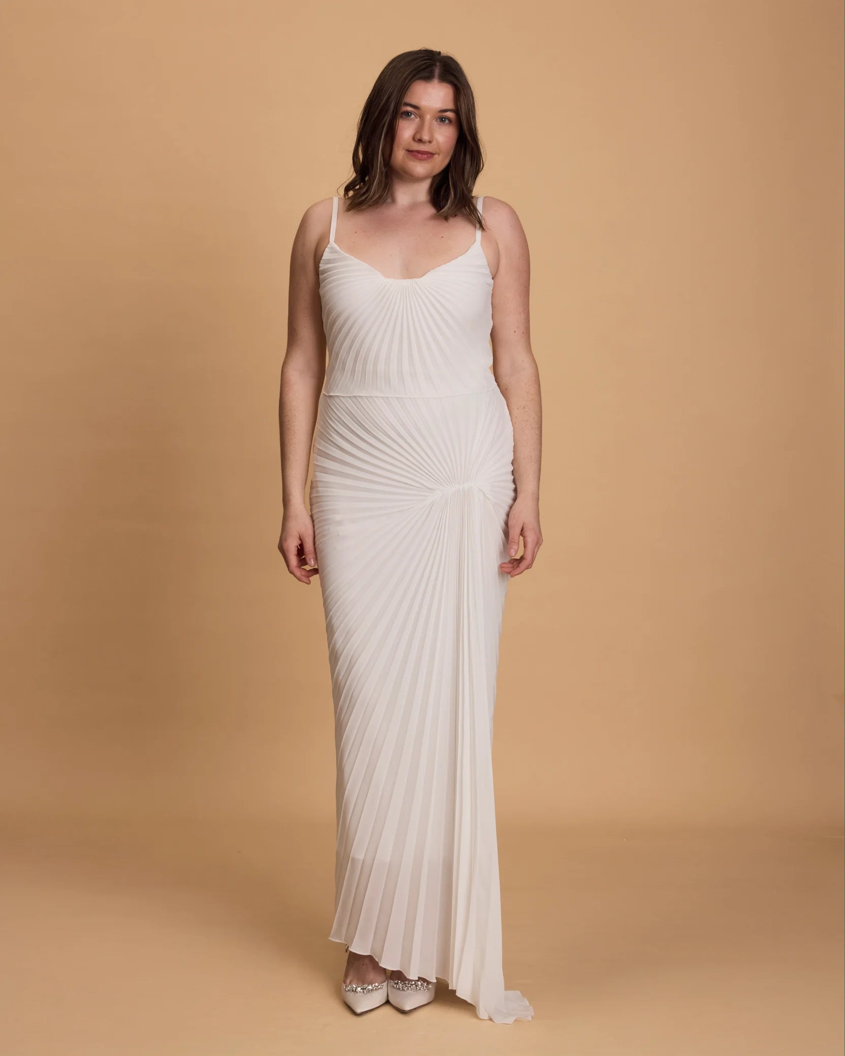 Georgia Hardinge Dazed white, pleated maxi dress, honeymoon, engagement party, hen party, bridal