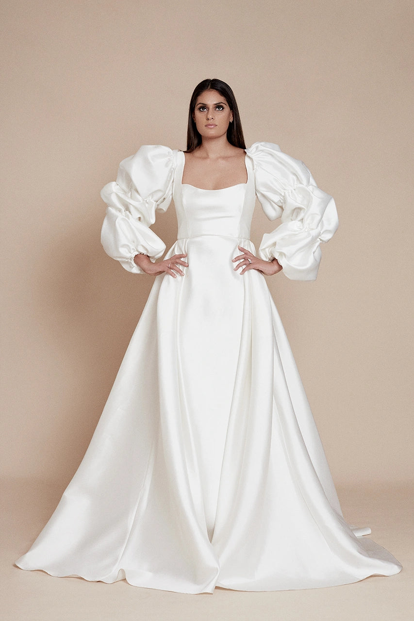 Halfpenny dahlia wedding gown with halfpenny eve puff sleeves bridal