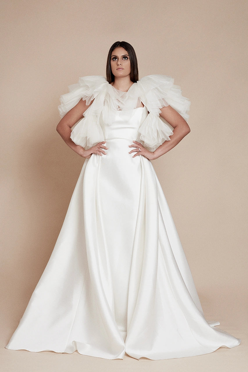 Halfpenny dahlia wedding gown with halfpenny virgo shrug jacket bridal