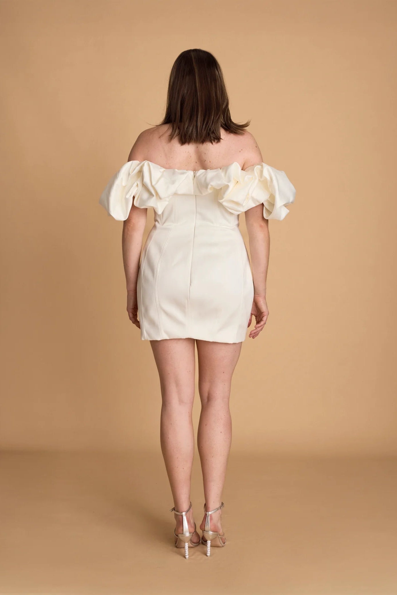 House of CB Selena mini strapless ruffled neckline ivory dress