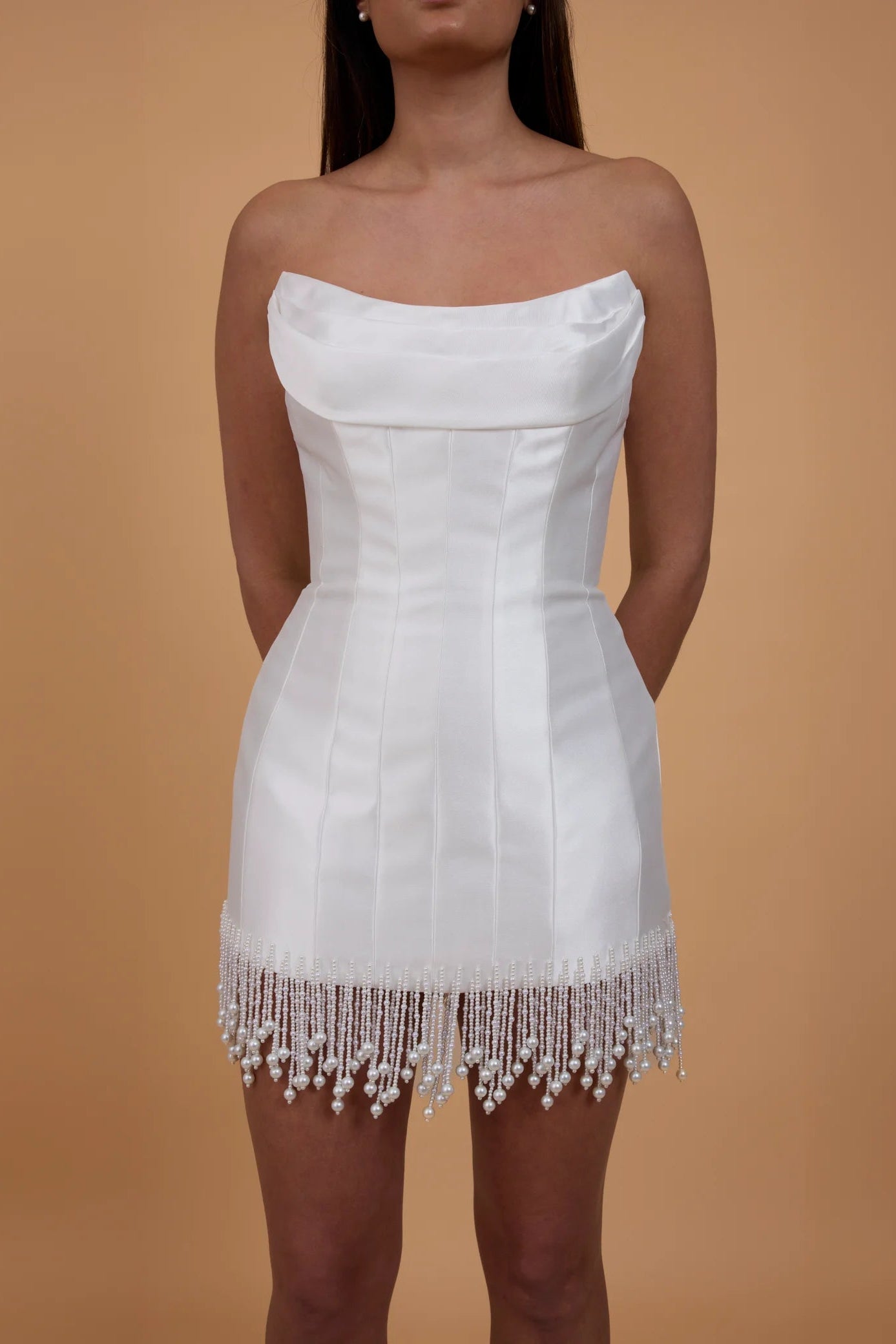 Jane Hill Scottie, corset boned white mini dress with pearl tassels,  hen party dress, engagement dress, second-look dress
