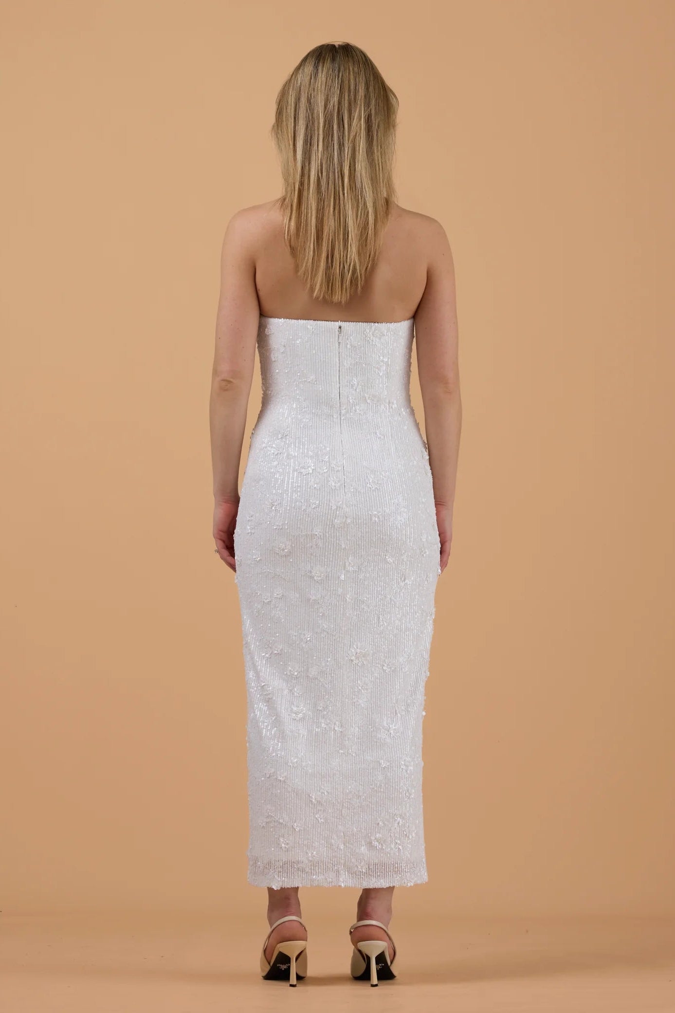 Jenny Yoo Frances, sequin with 3D floral appliques, midi white, curved bandeau dress, pre-loved bridal, second-hand bridal, sample sale bridal 