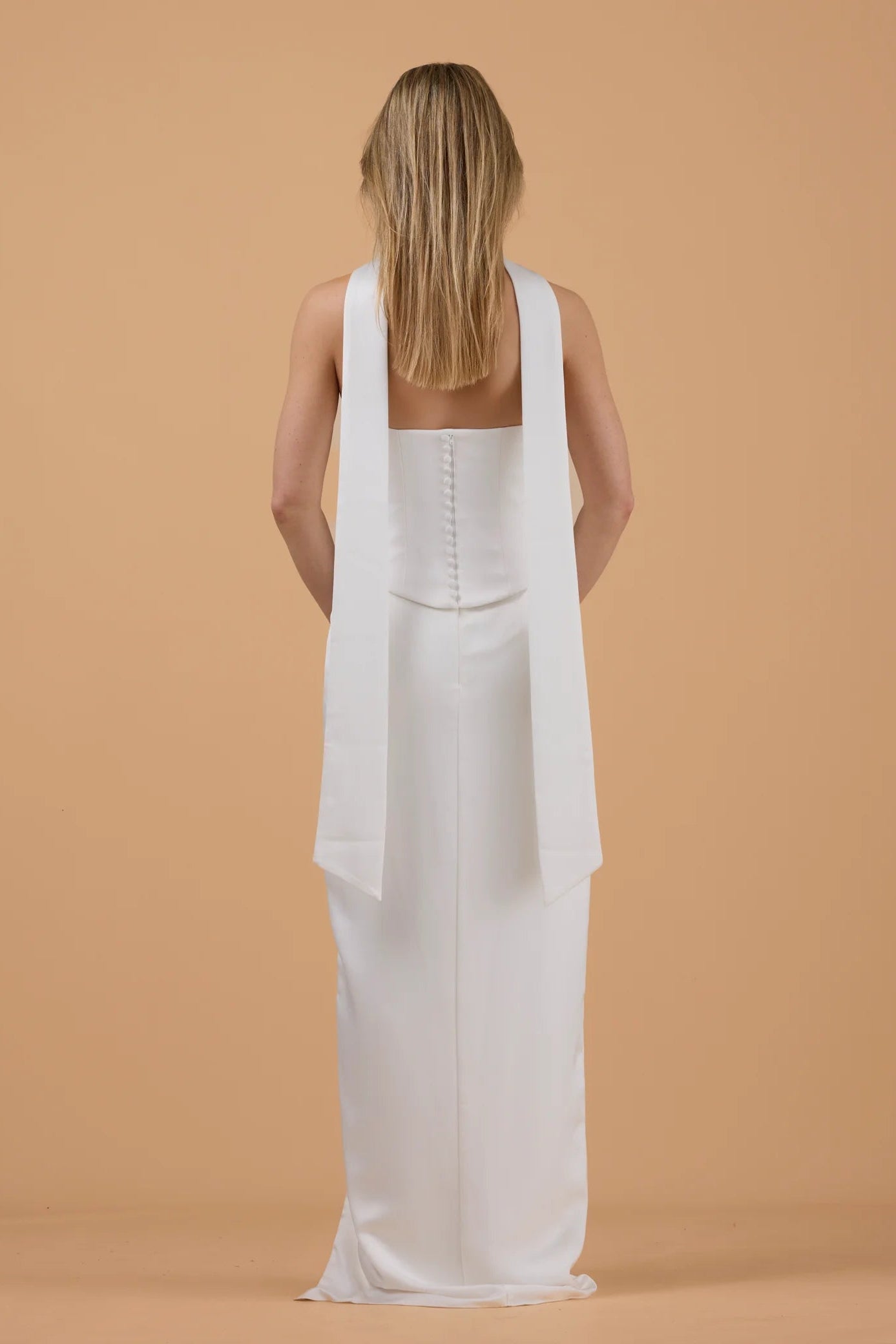 Jenny Yoo Madison ivory co-ord, corset top, skirt with leg split and neck scarf, pre-loved bridal, second-hand bridal, sample sale bridal 