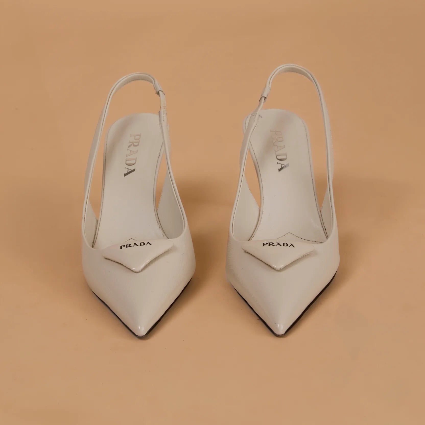 Prada White Brushed Leather Slingback Heels