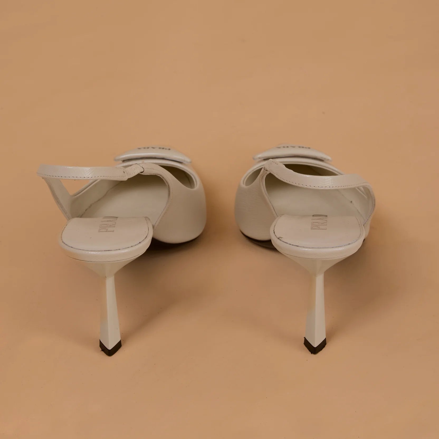 Prada White Brushed Leather Slingback Heels