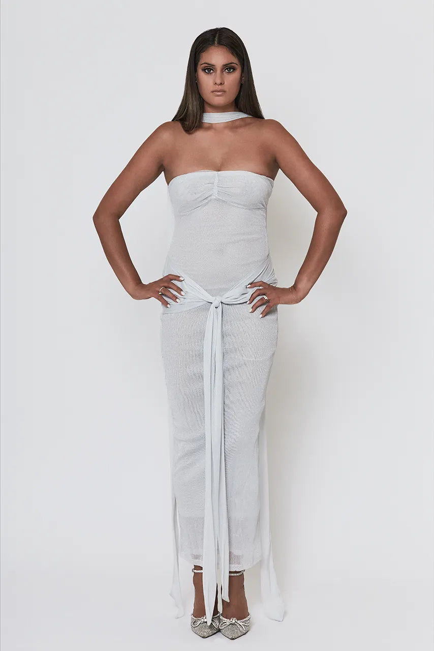 Khanums Kesca Silver Maxi Dress Hen Engagement Honeymoon Wedding Bride