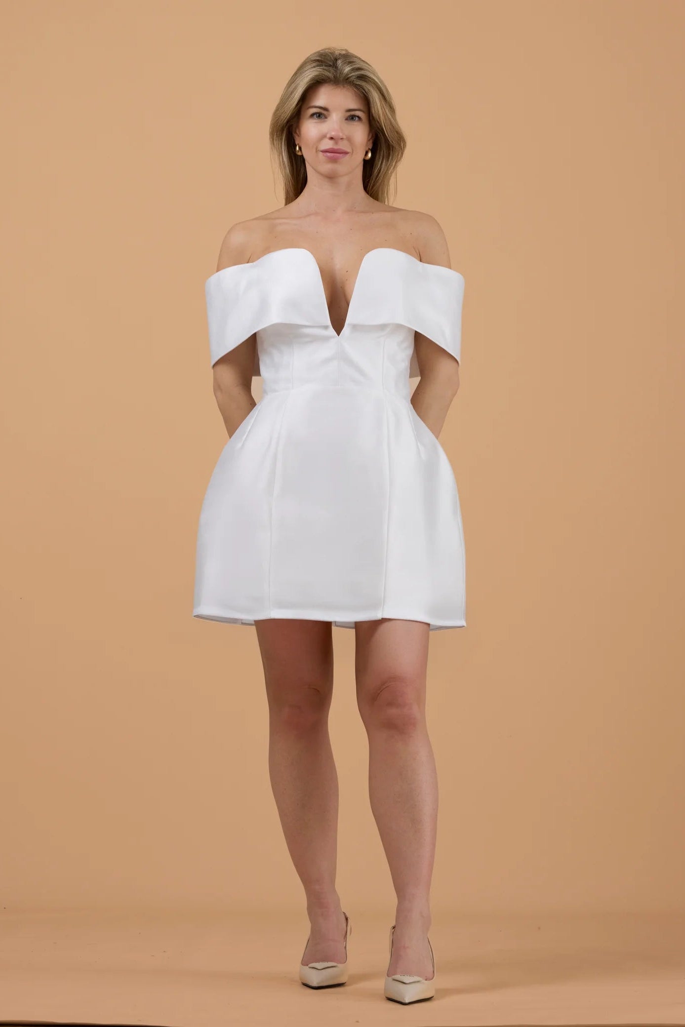 Kyha Cali white off the shoulder, tulip skirt mini dress, pre-loved bridal, second-hand bridal, sample sale bridal, hen party, engagement party