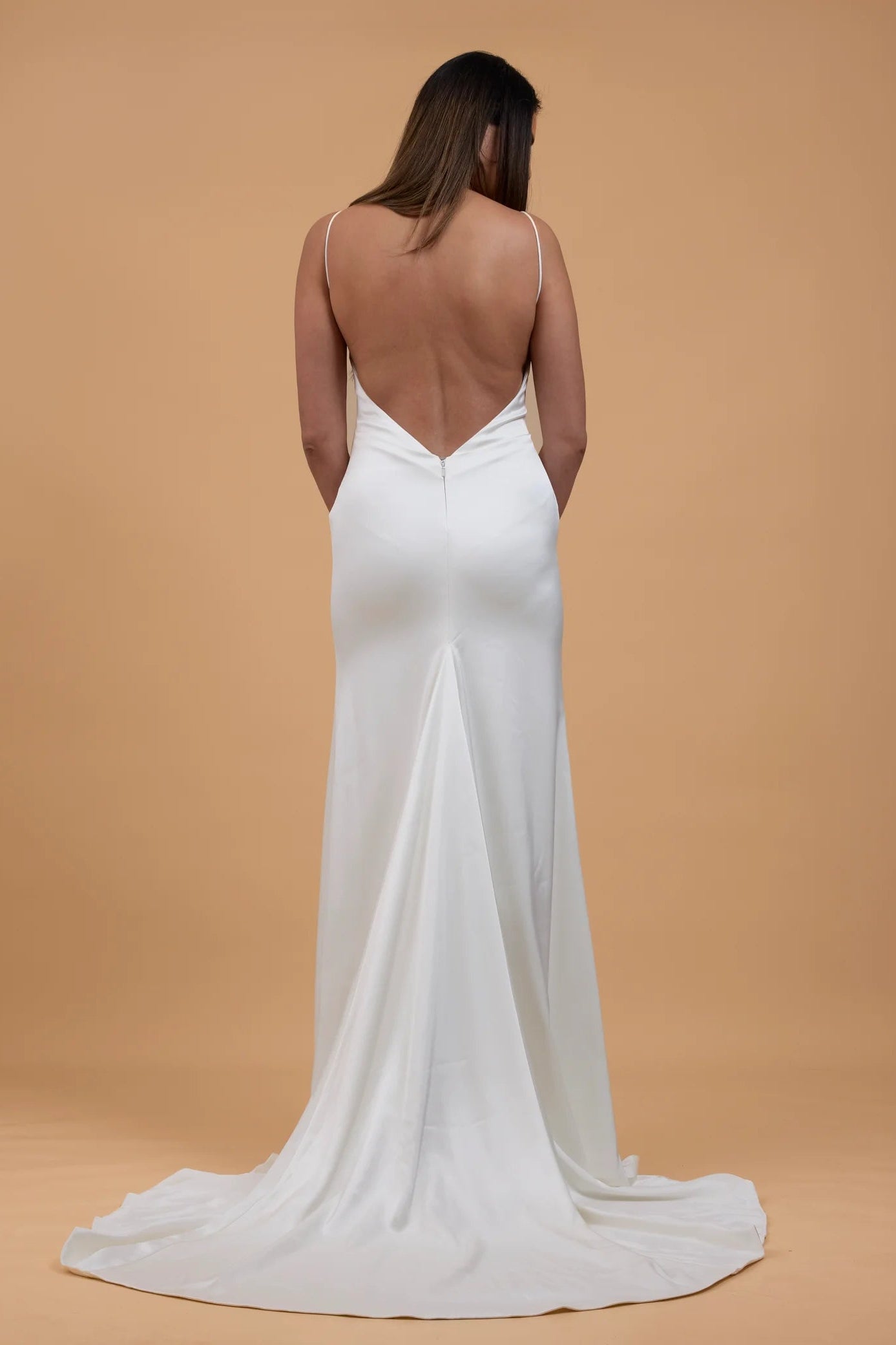 Kyha lunette ivory satin wedding gown spaghetti strap square neckline, low v-back, preloved wedding gown, second hand wedding gown, sample sale wedding gown 