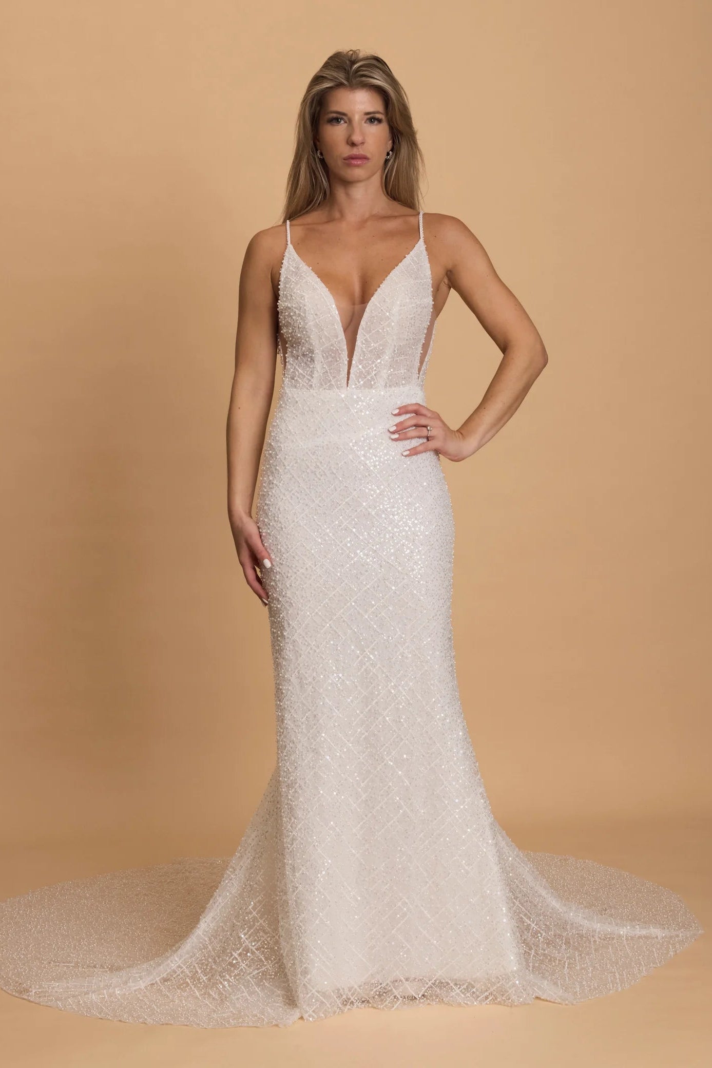c with Kendall fabric sequin beaded white wedding gown, plunge neckline