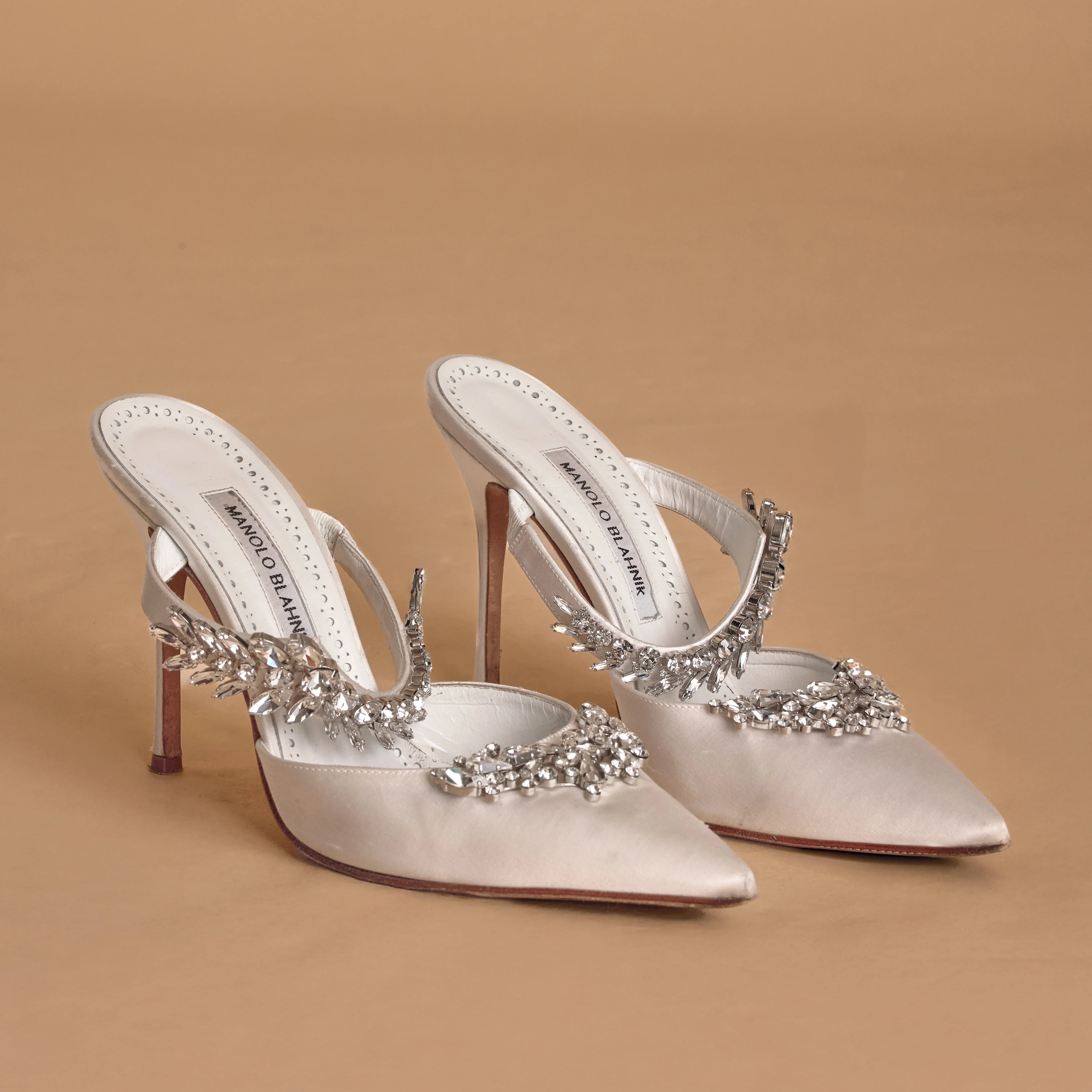 Manolo Blahnik Lurum white mule heels, wedding heels, hen party heels, crystal heels