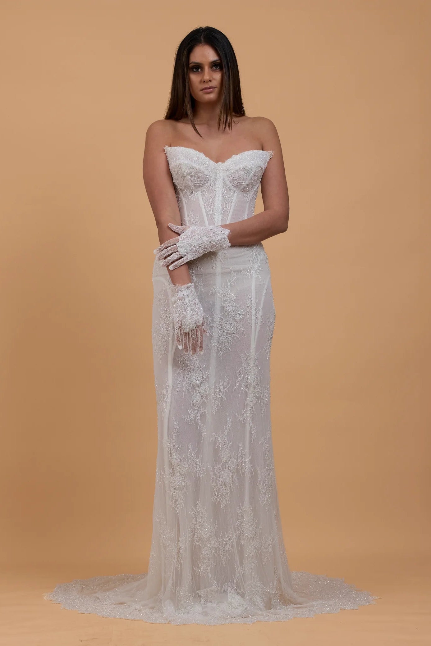 Margot studios Camille Chantilly lace corset ivory wedding gown, pre-loved wedding gown, sample sale wedding gown, second-hand wedding gown