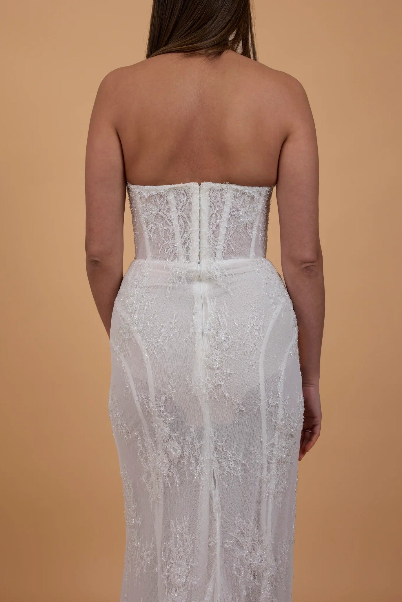 Margot studios Camille Chantilly lace corset ivory wedding gown, pre-loved wedding gown, sample sale wedding gown, second-hand wedding gown