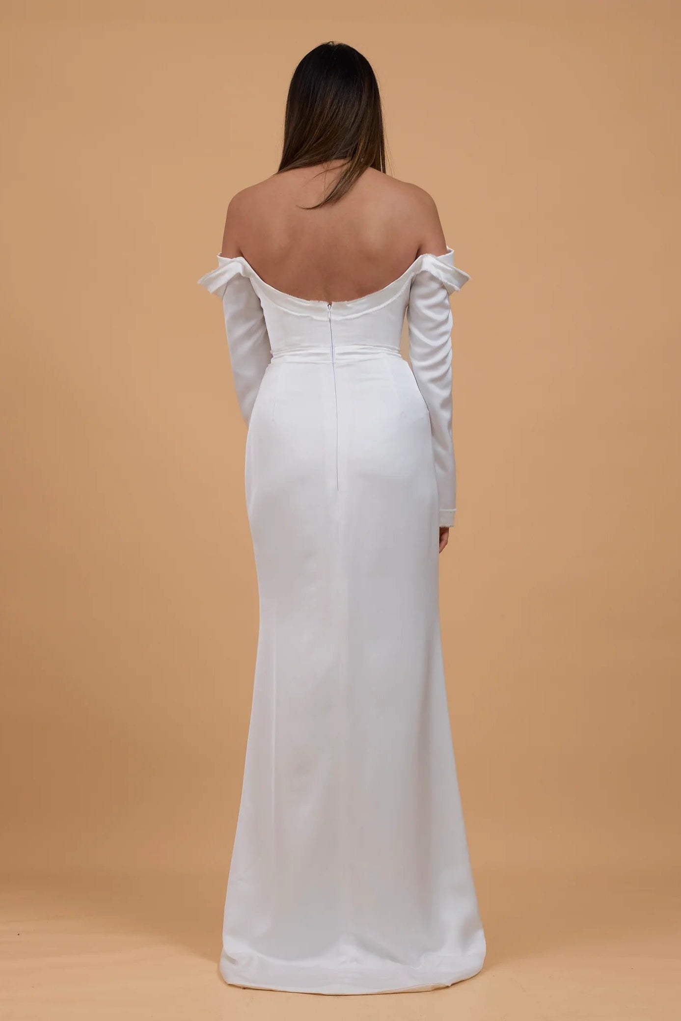 Margot studios victoria, long sleeve ivory silk satin wedding gown, pre-loved wedding gown, sample sale wedding gown, second-hand wedding gown