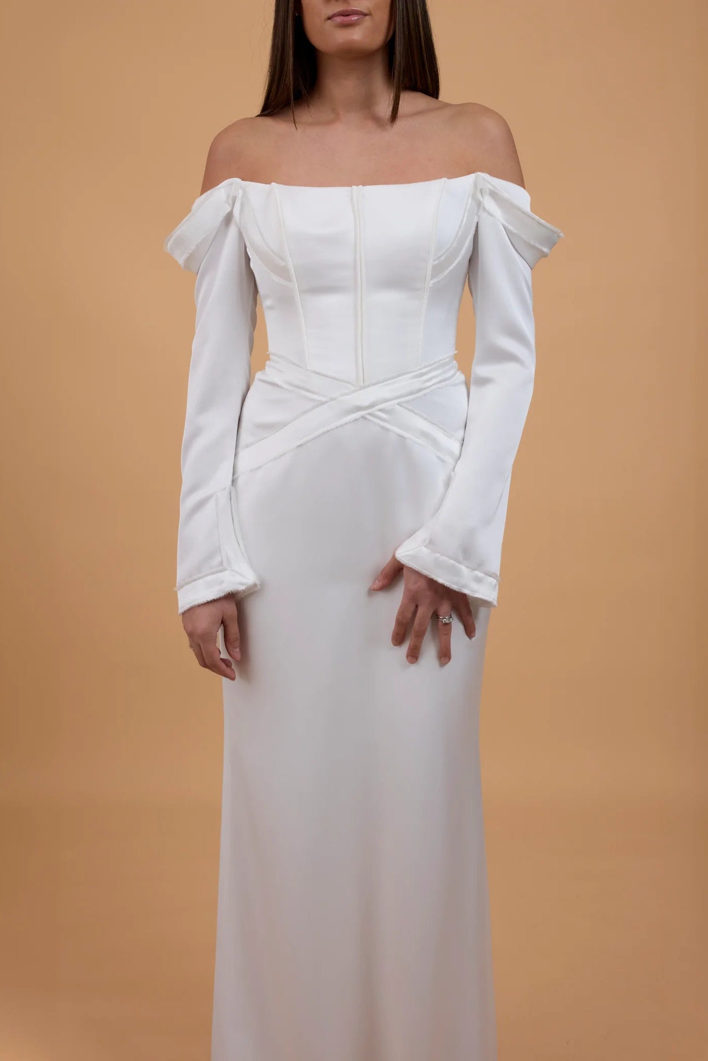 Margot studios victoria, long sleeve ivory silk satin wedding gown, pre-loved wedding gown, sample sale wedding gown, second-hand wedding gown