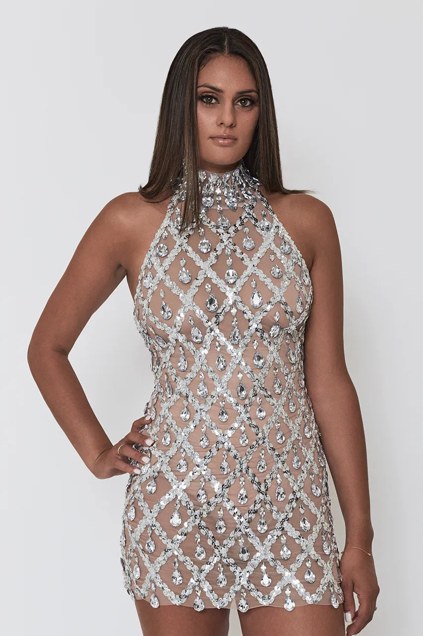 Mew Mews Liora Silver Sequin Crystal Mini Dress Engagement Hen Wedding Bride
