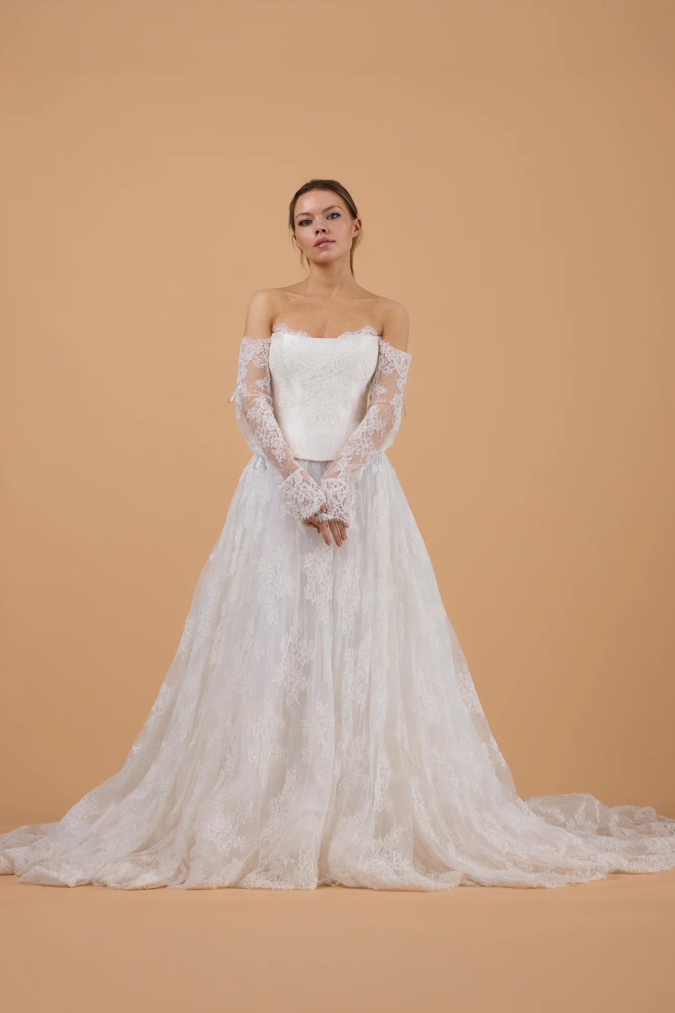 Milla nova Kenya chantilly lace with lace sleeves and lace corset a-line ivory wedding gown, pre-loved wedding gown, second-hand wedding gown, sample sale wedding gown