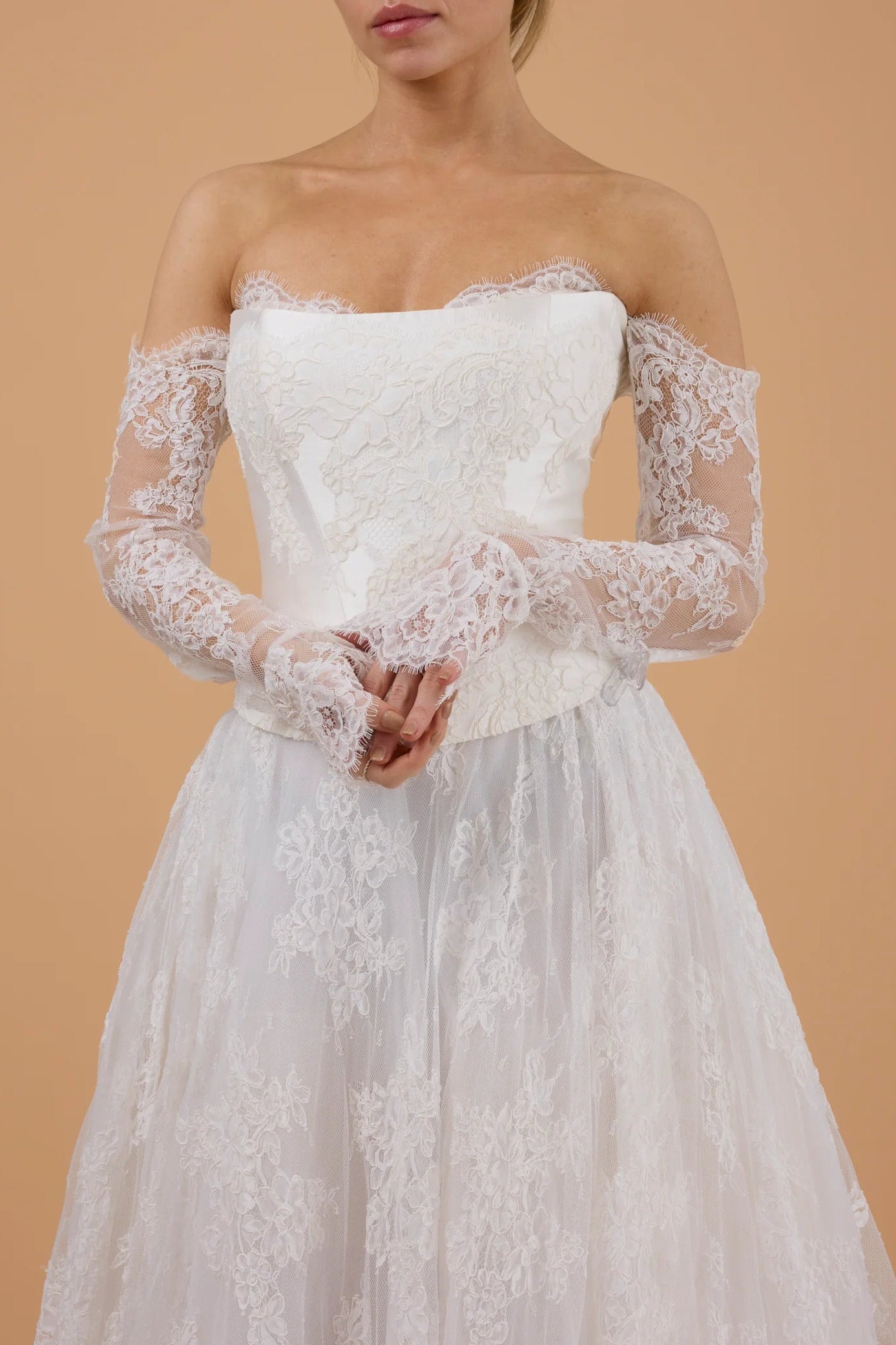 Milla nova Kenya chantilly lace with lace sleeves and lace corset a-line ivory wedding gown, pre-loved wedding gown, second-hand wedding gown, sample sale wedding gown