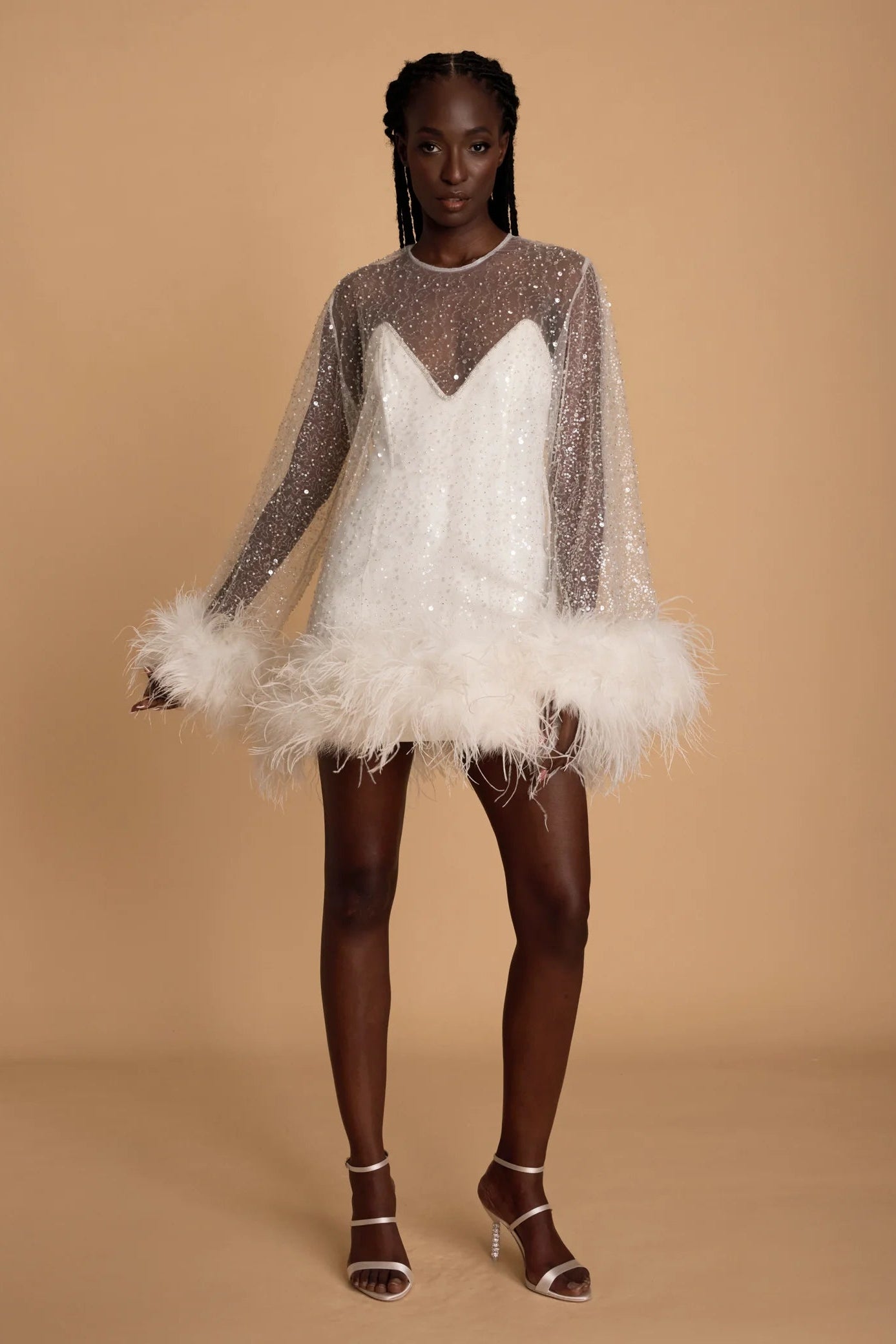 Mode & Affaire gigi white sequin embellished ostrich feather mini dress hen party 