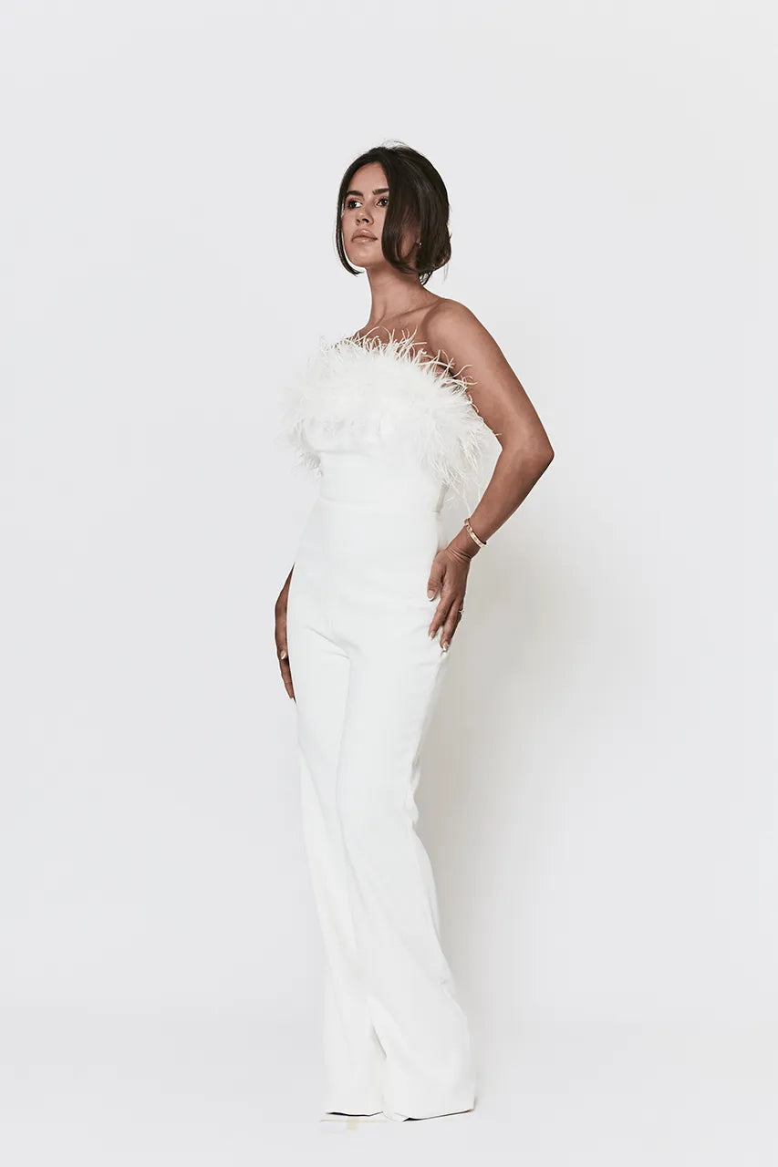 Nadine Merabi Collette White Feather Jumpsuit Engagement Hen Wedding Bride