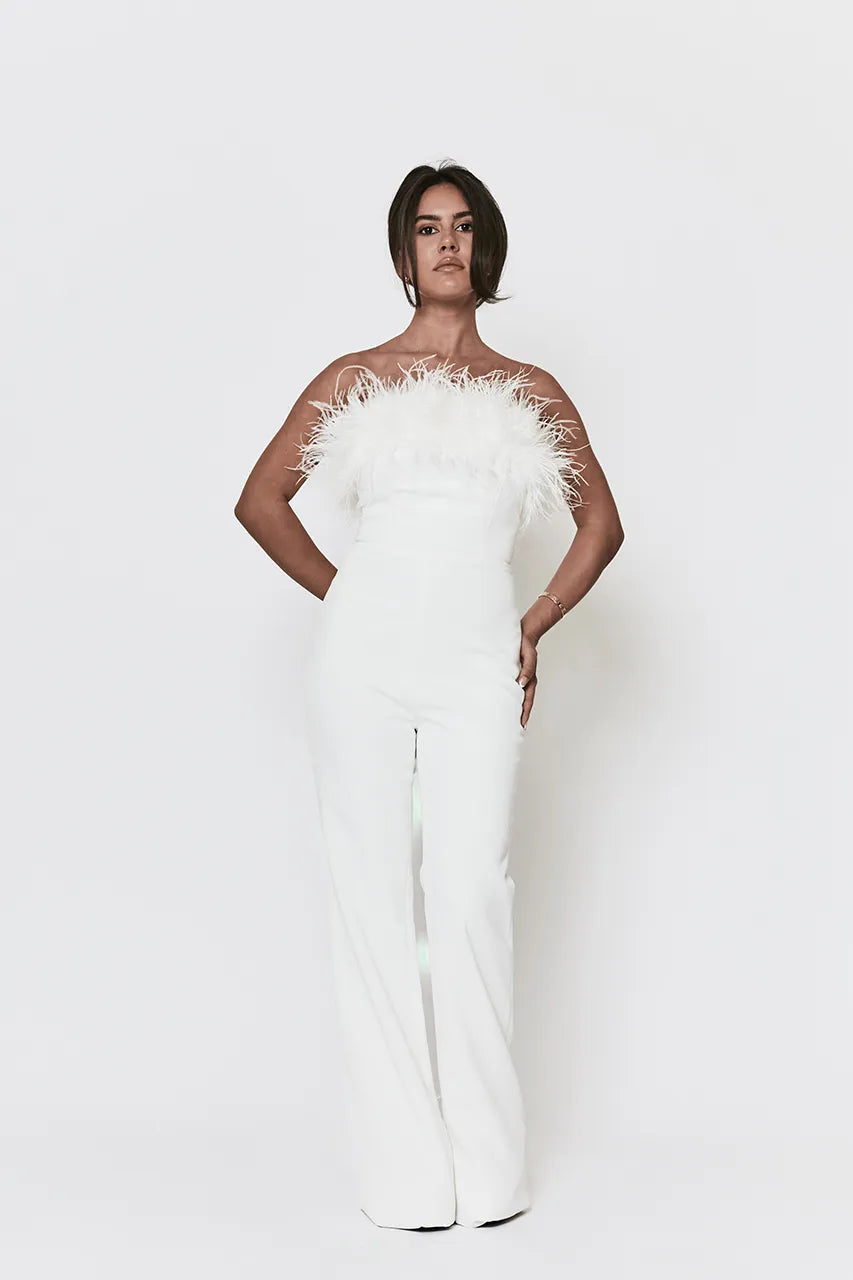 Nadine Merabi Collette White Feather Jumpsuit Engagement Hen Wedding Bride