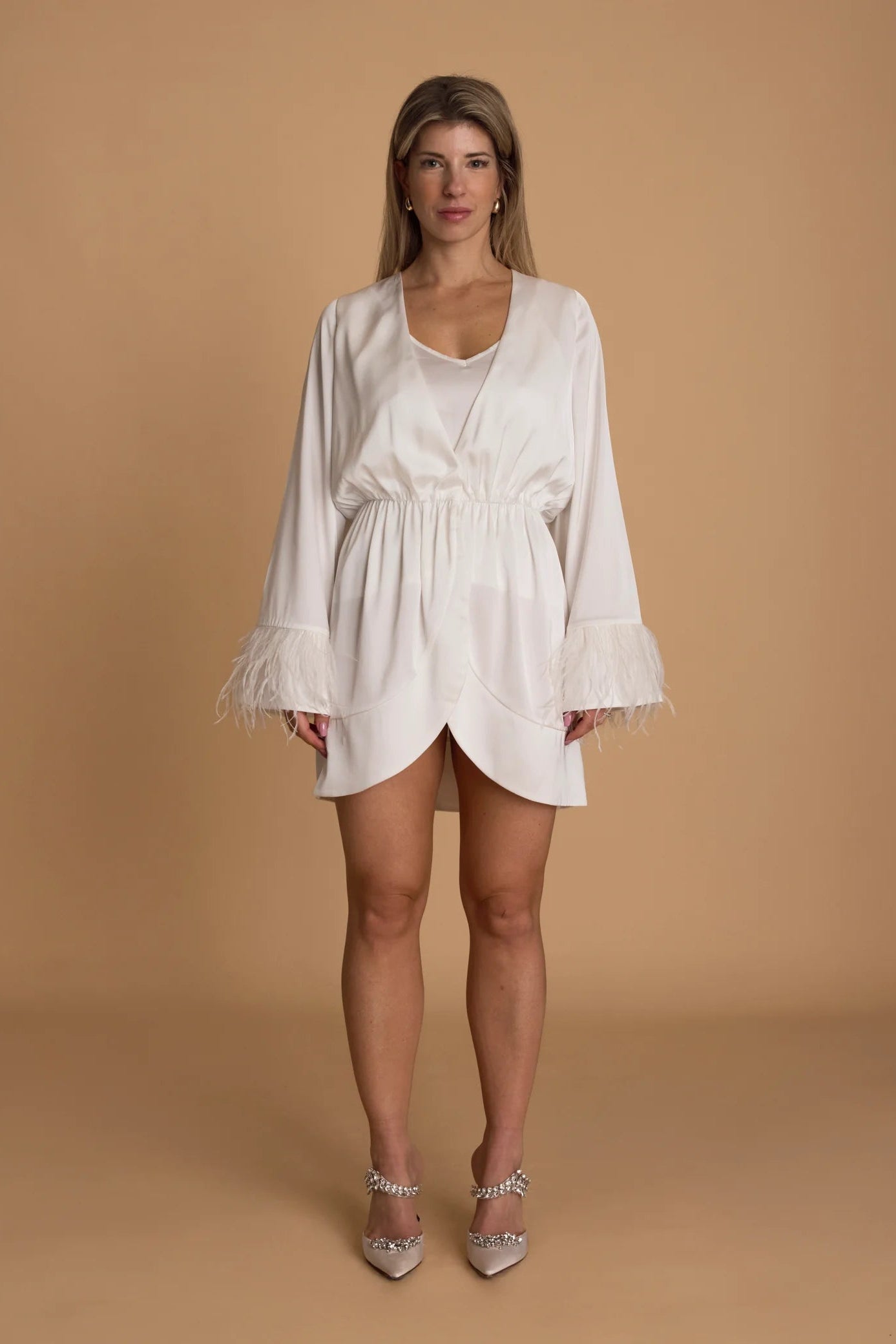 Nadine Merabi Dina white dressing robe, feather trim, morning of, bridal 