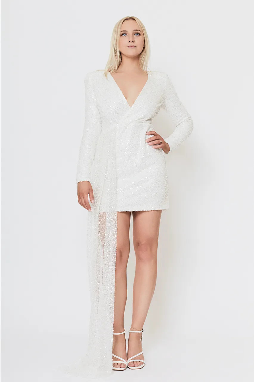Nadine Merabi Leah White Sequin Beaded Dress Engagement Hen Wedding Bride