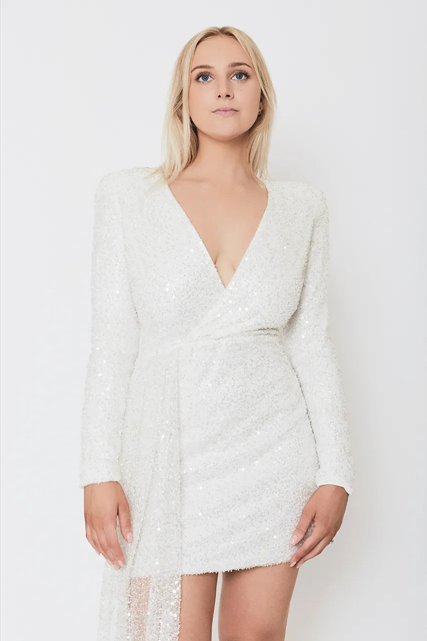 Nadine Merabi Leah White Sequin Beaded Dress Engagement Hen Wedding Bride
