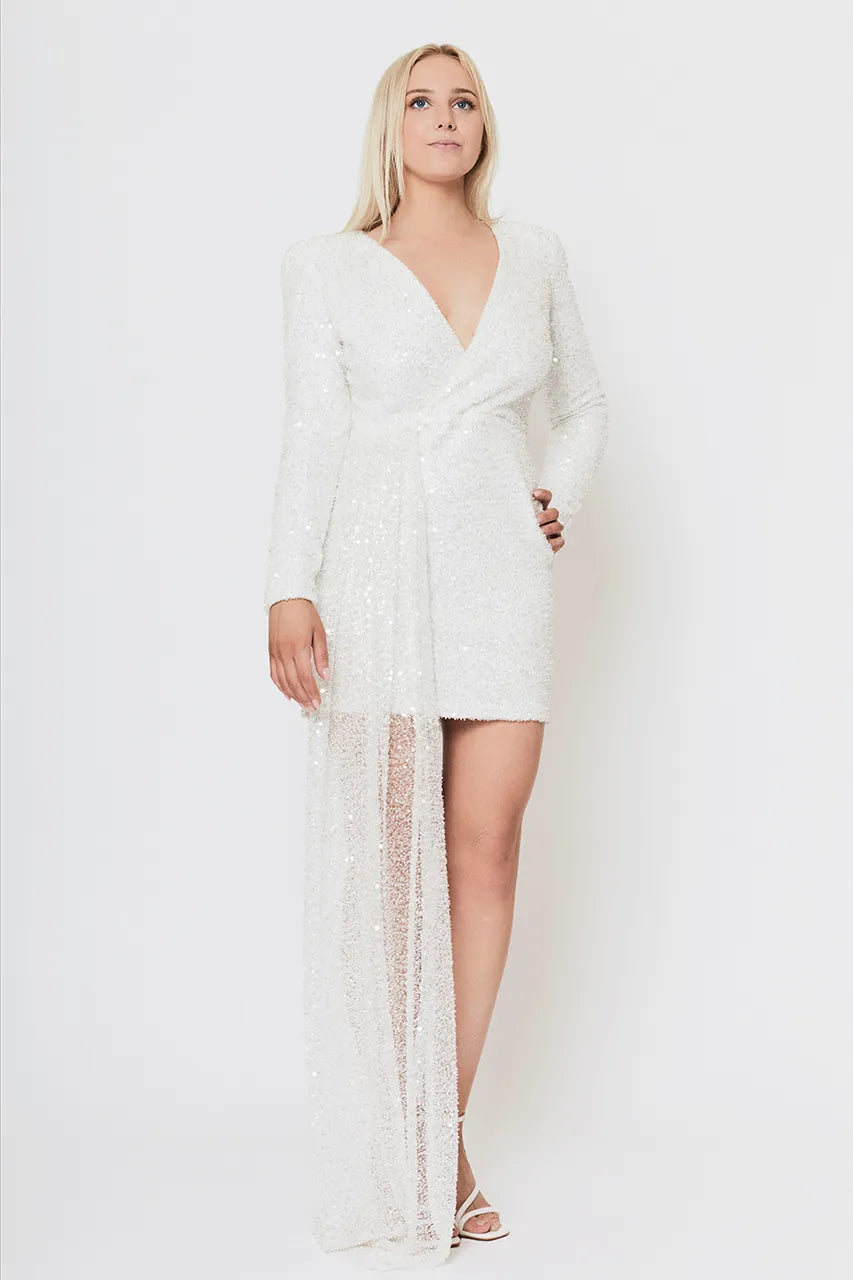 Nadine Merabi Leah White Sequin Beaded Dress Engagement Hen Wedding Bride