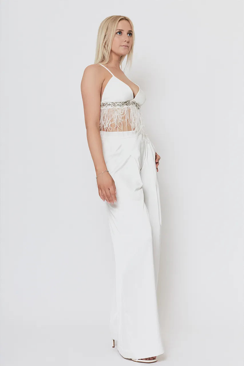 Nadine Merabi White Satin Wide Leg Trousers Engagement Hen Wedding Bride 