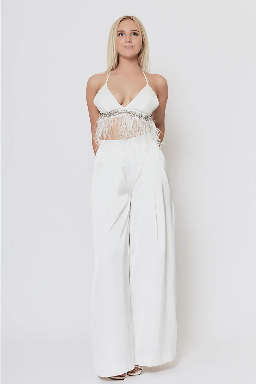 Nadine Merabi White Satin Wide Leg Trousers Engagement Hen Wedding Bride 