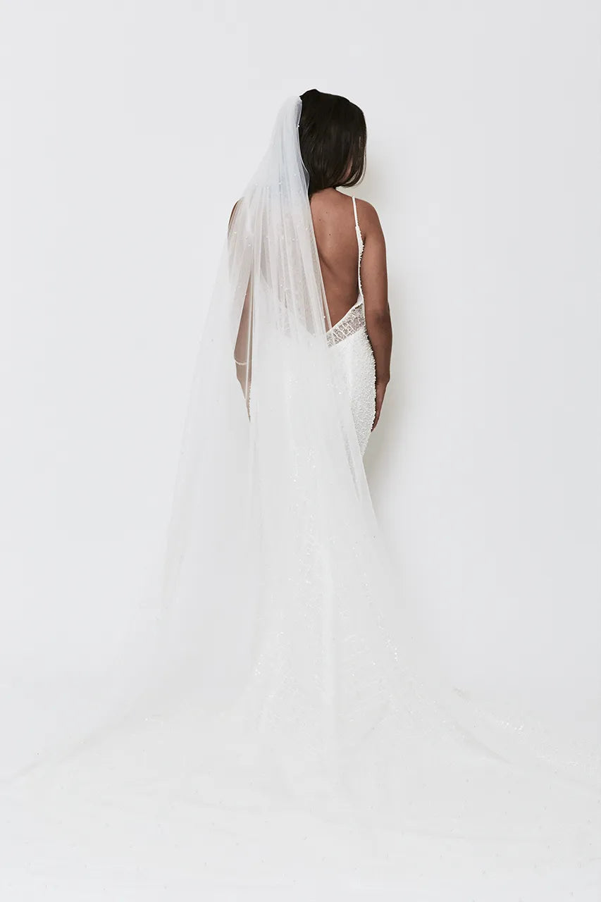 Cathedral length pearl veil single tier ivory wedding bride