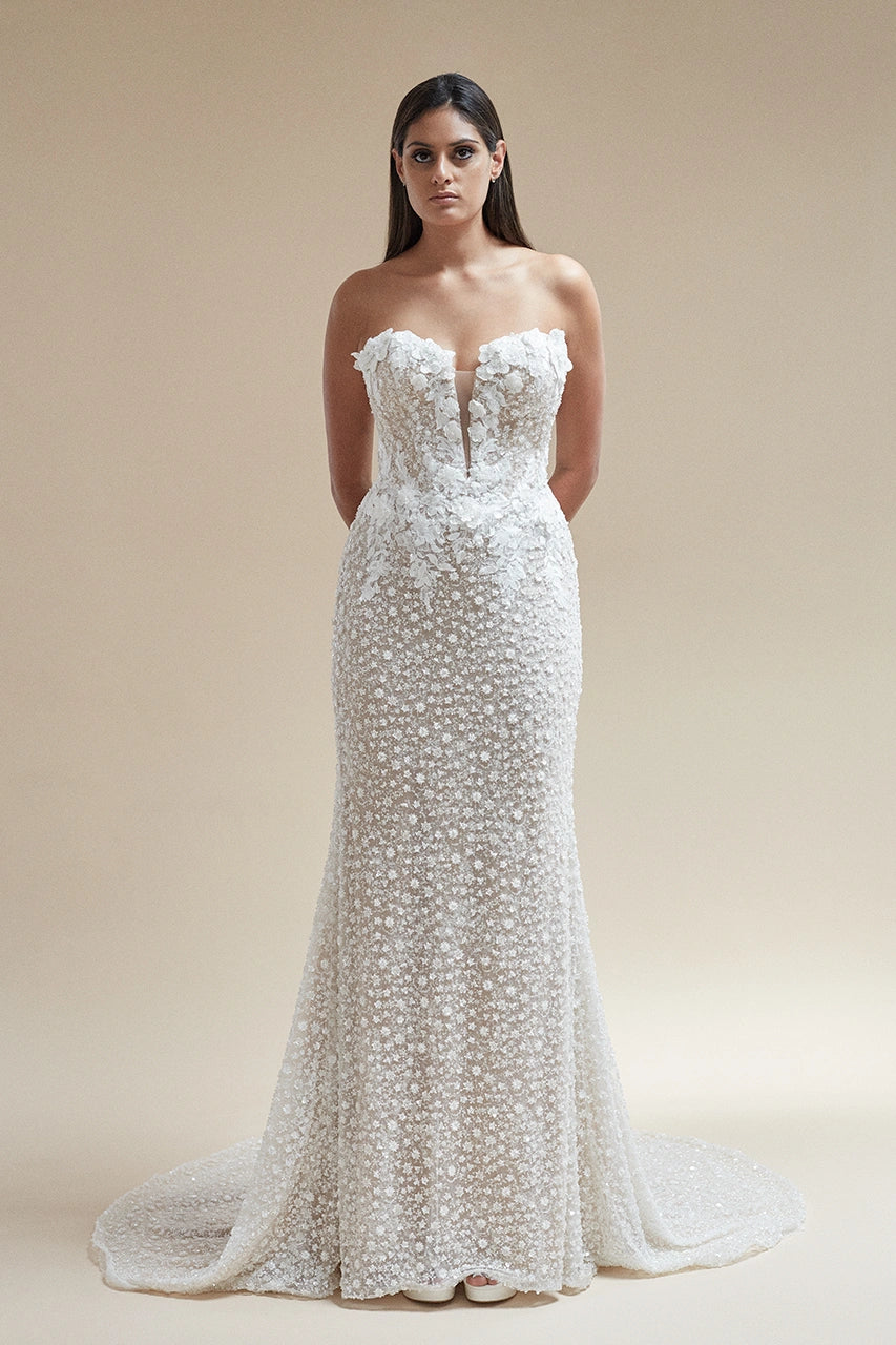 Pronovias Amya Beaded Floral Applique Wedding Gown Bridal