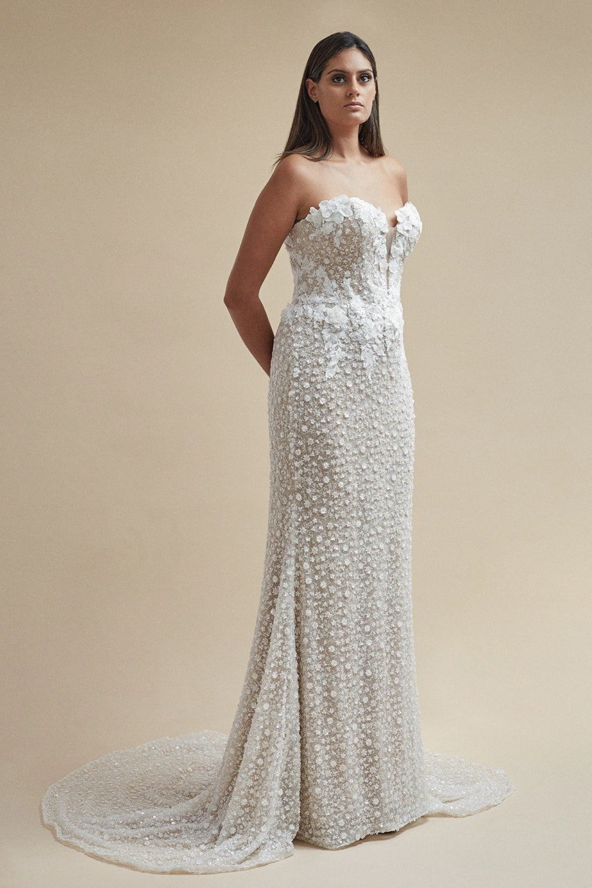 Pronovias Amya Beaded Floral Applique Wedding Gown Bridal