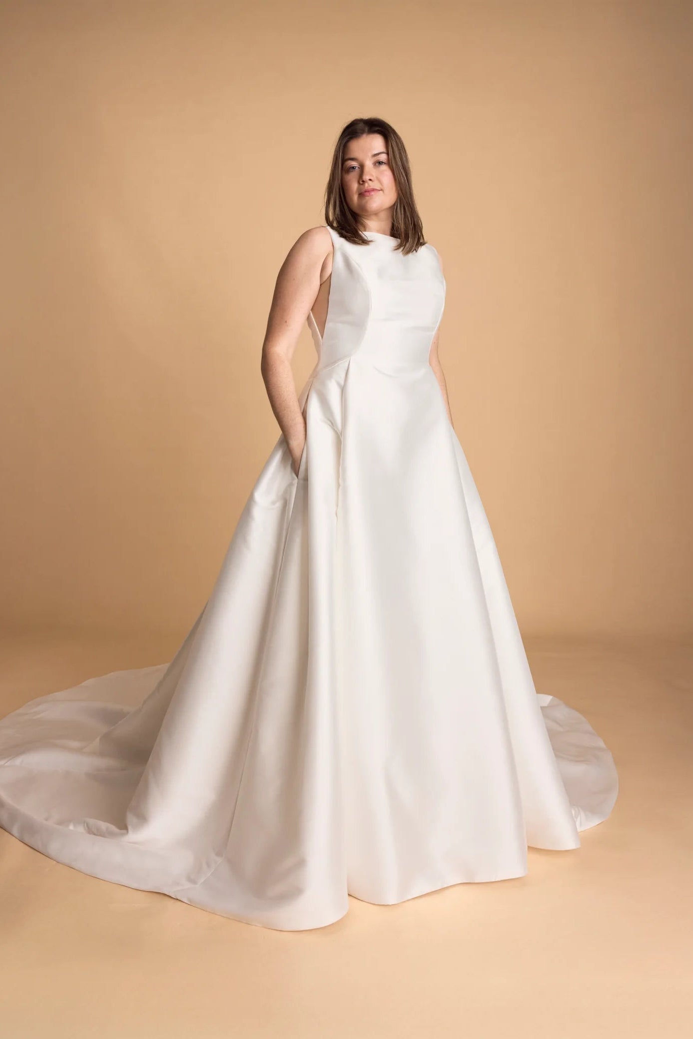 Pronovoias Nevado white mikado a-line bateau neckline wedding dress