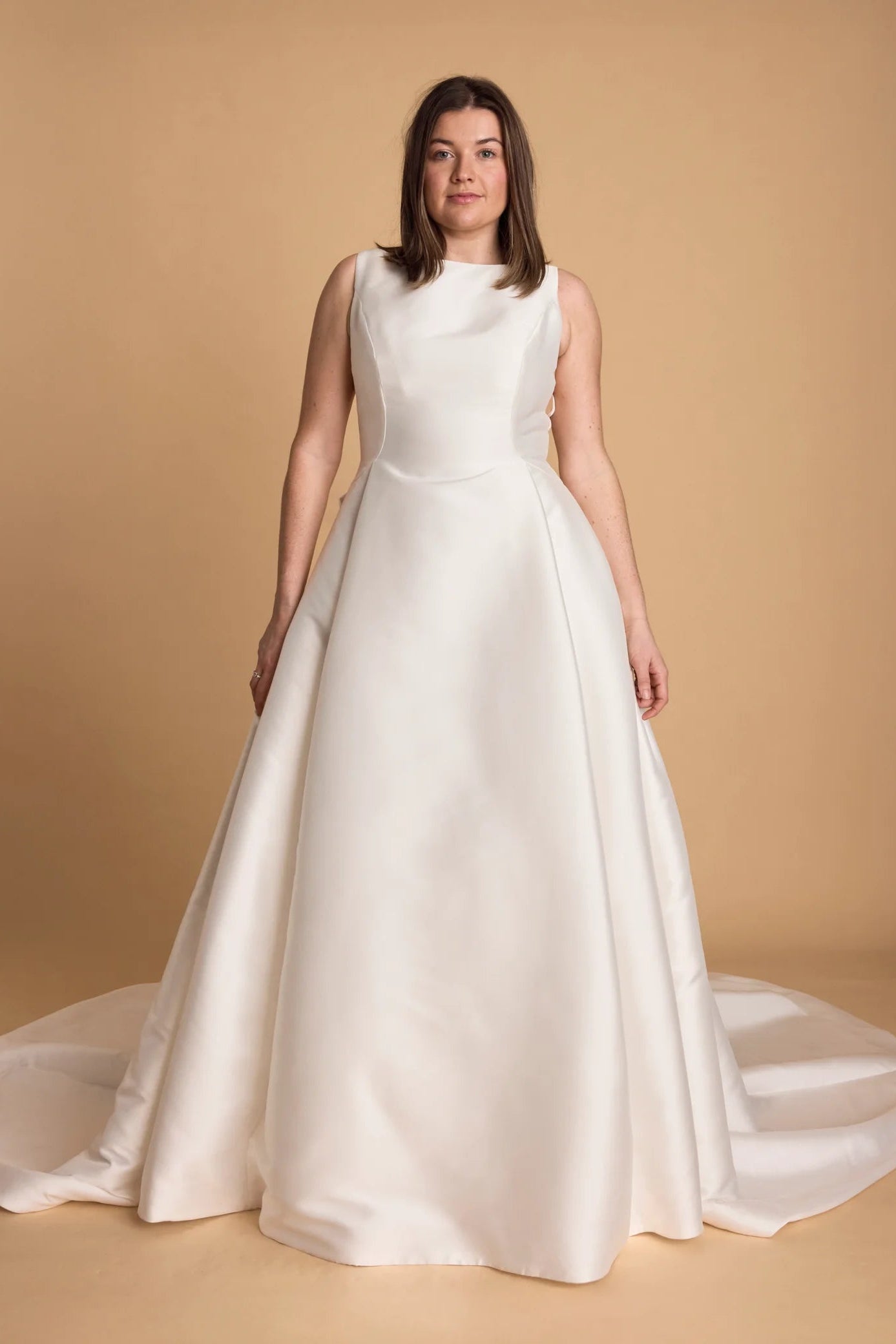 Pronovoias Nevado white mikado a-line bateau neckline wedding dress