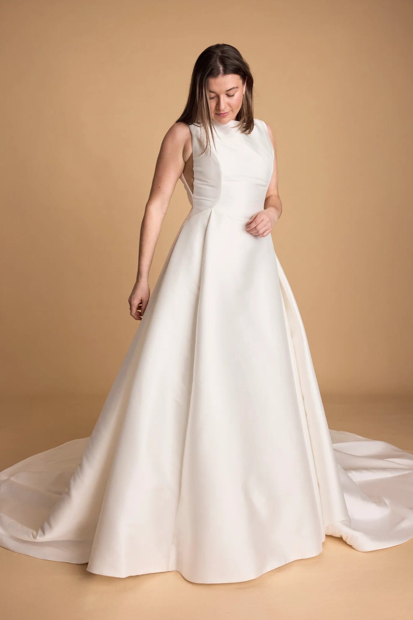 Pronovoias Nevado white mikado a-line bateau neckline wedding dress