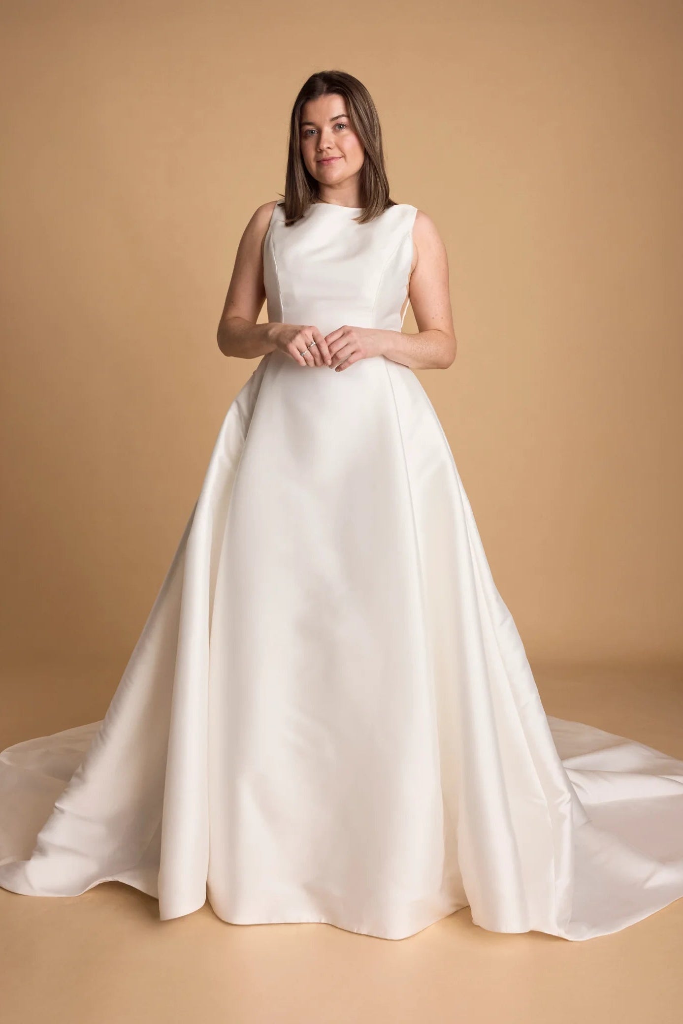 Pronovoias Nevado white mikado a-line bateau neckline wedding dress