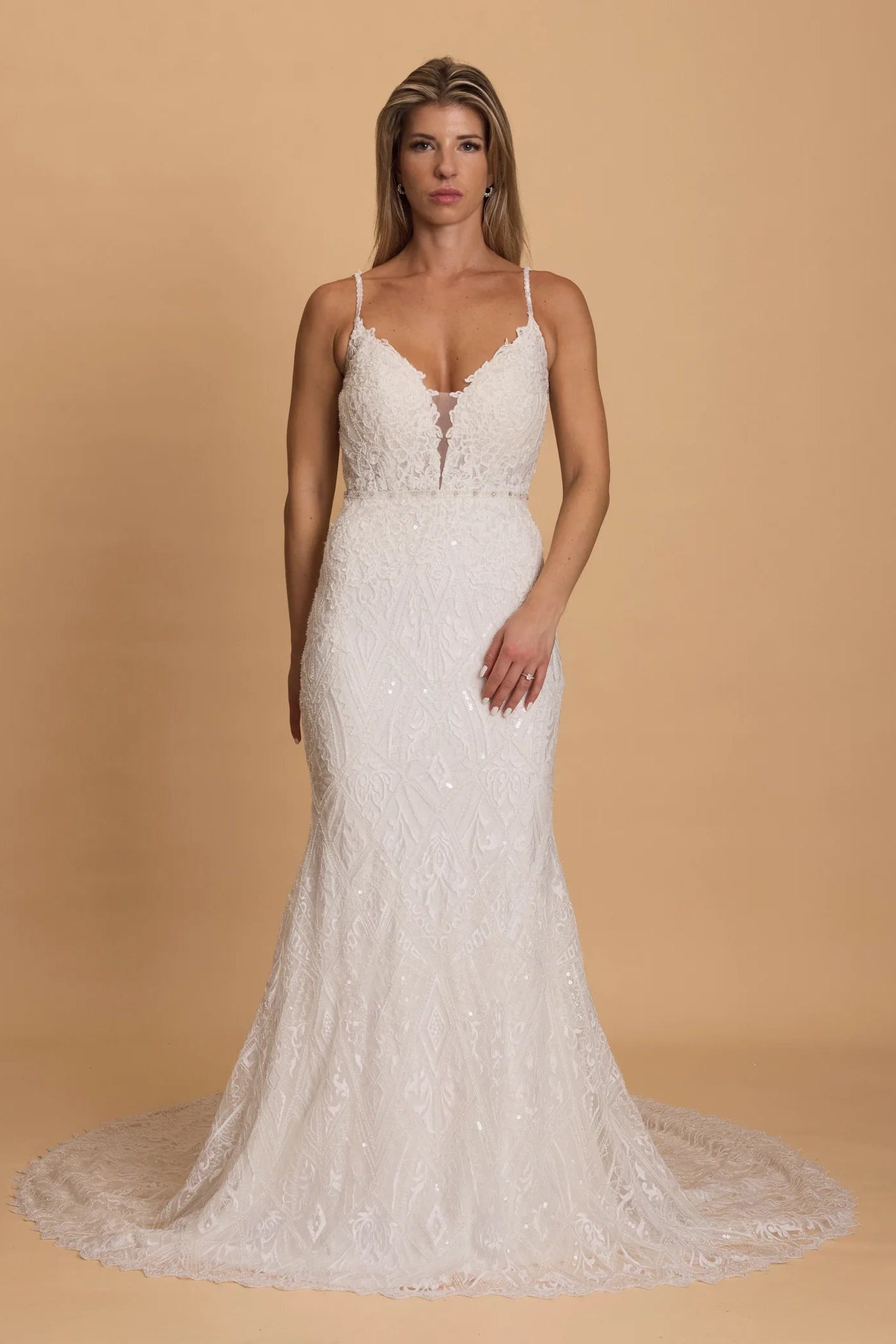 Rosa Clara Katrin wedding gown, white, lace, sequin, plunge front, low back, bridal